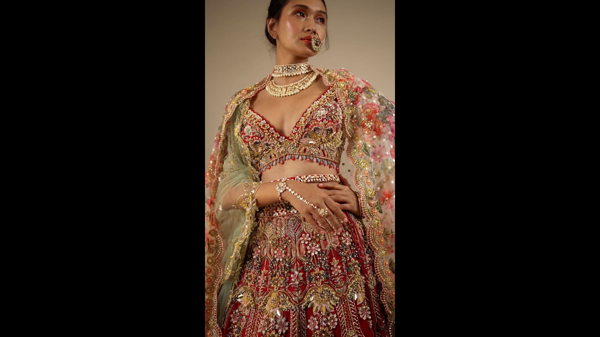 Pakistani Cherry Red 3D Petal Raw Silk Lehenga Choli (3-Piece) - Image 3