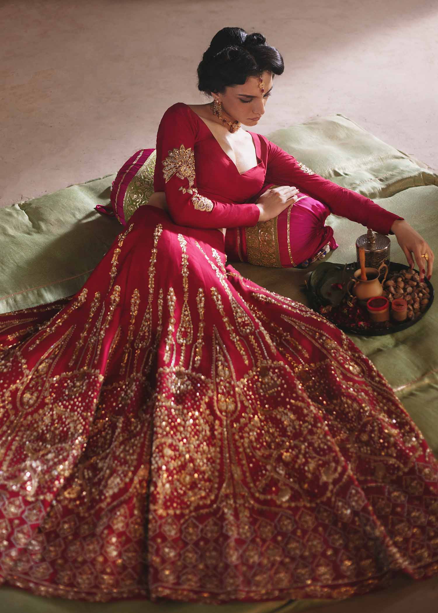 Pakistani Red Embellished Pure Raw Silk Lehnga Choli (3-Piece) - Image 5
