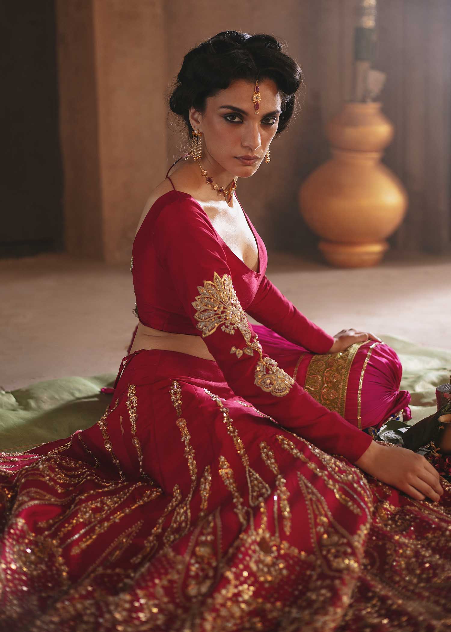 Pakistani Red Embellished Pure Raw Silk Lehnga Choli (3-Piece) - Image 6