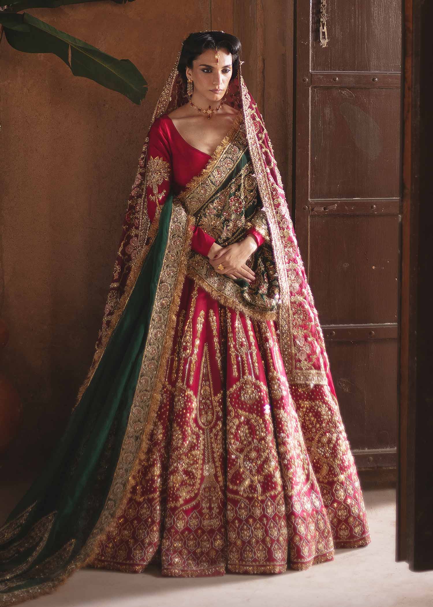 Pakistani Red & Bottle Green Embellished Silk Lehnga Choli (3-Piece) - Image 1