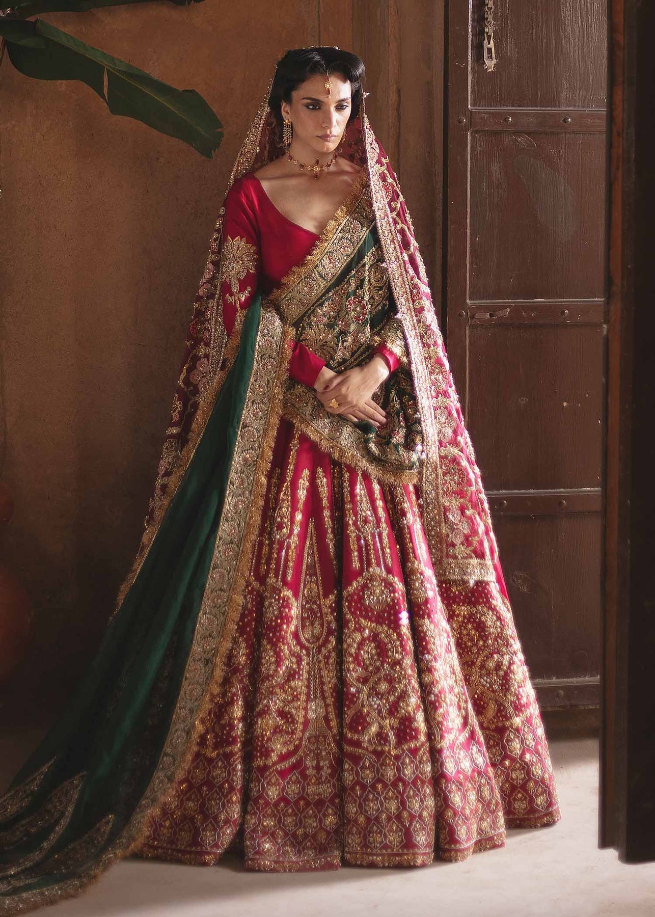 Pakistani Red & Bottle Green Embellished Silk Lehnga Choli (3-Piece) - Image 2