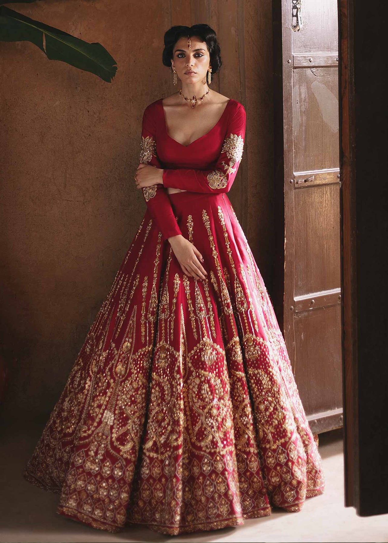 Pakistani Red & Bottle Green Embellished Silk Lehnga Choli (3-Piece) - Image 3