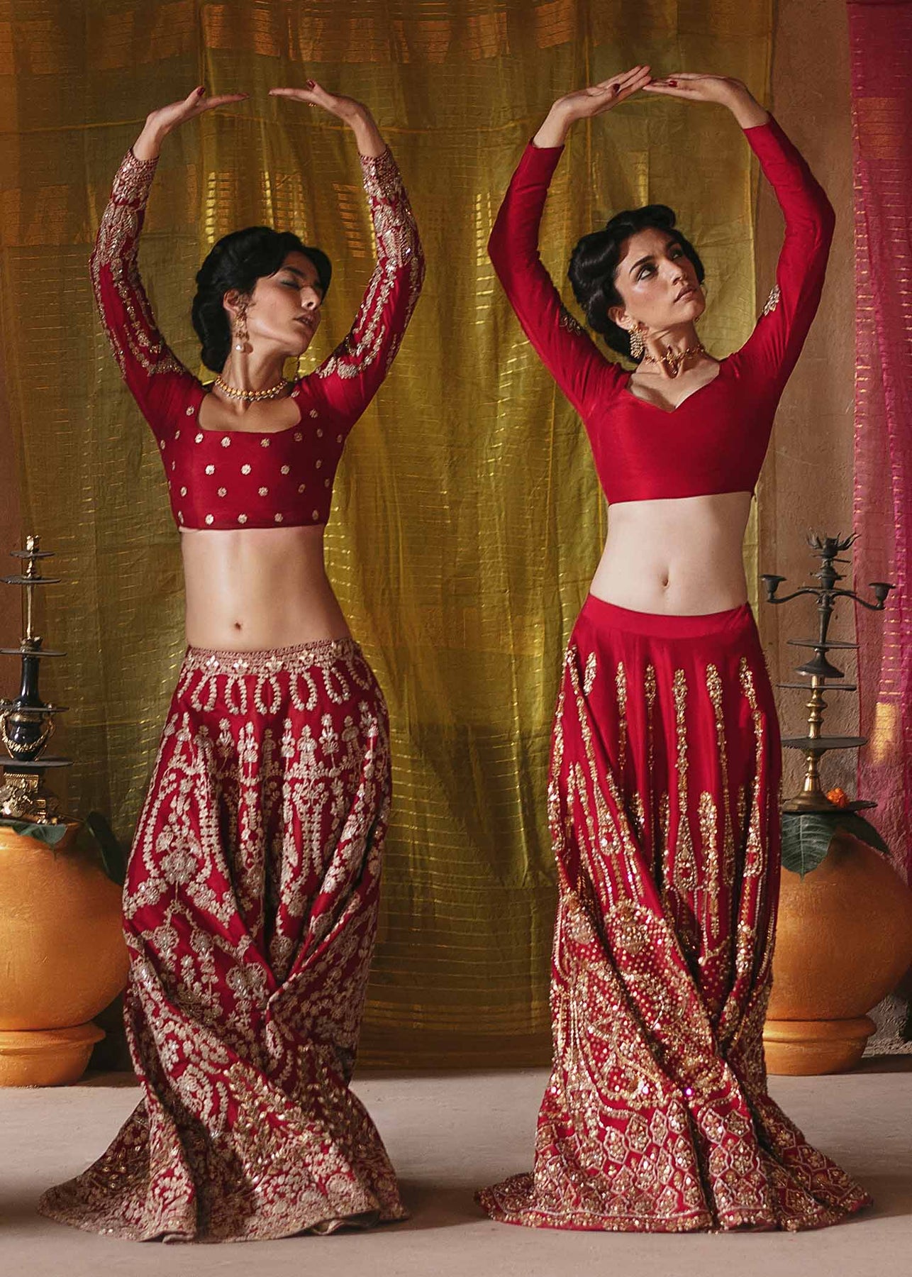 Pakistani Red & Bottle Green Embellished Silk Lehnga Choli (3-Piece) - Image 8