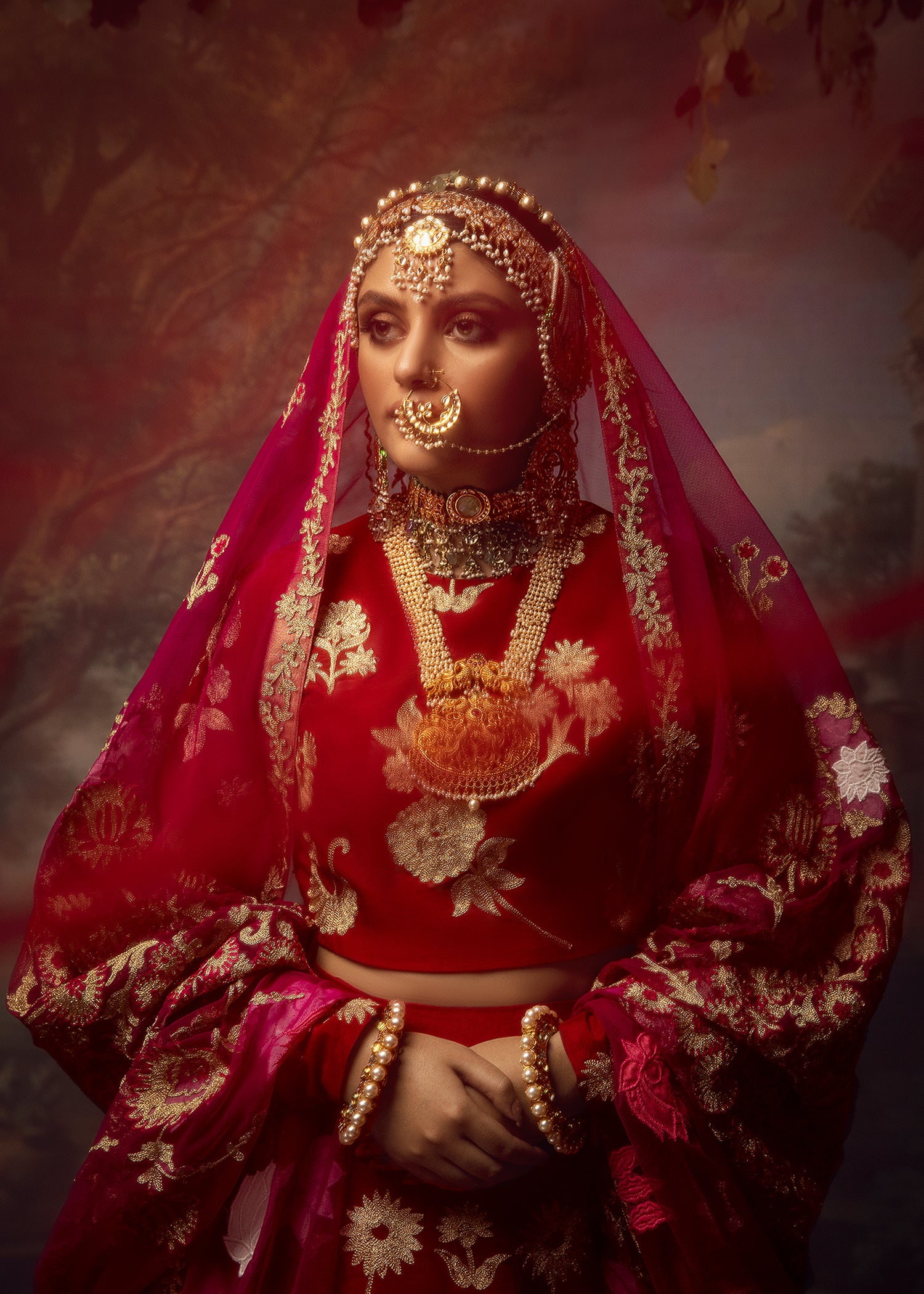 Crimson Aari Embroidered Raw Silk Lehenga (3-Piece) - Image 2