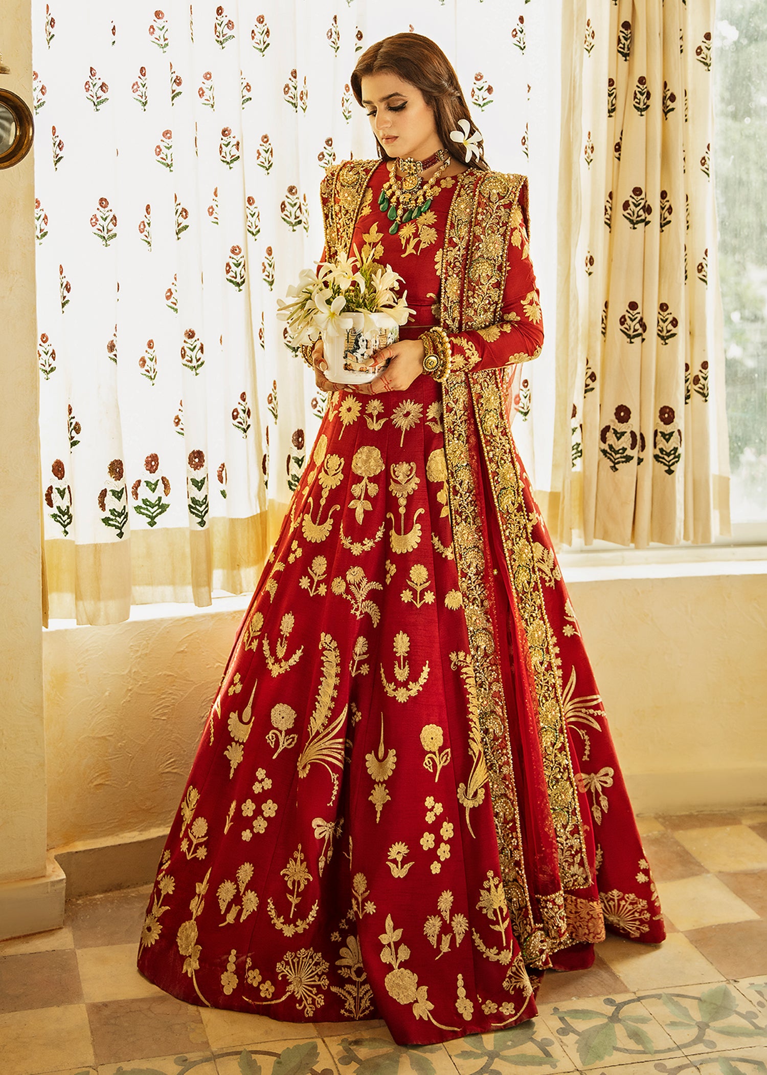 Crimson Aari Embroidered Raw Silk Lehenga (3-Piece) - Image 4