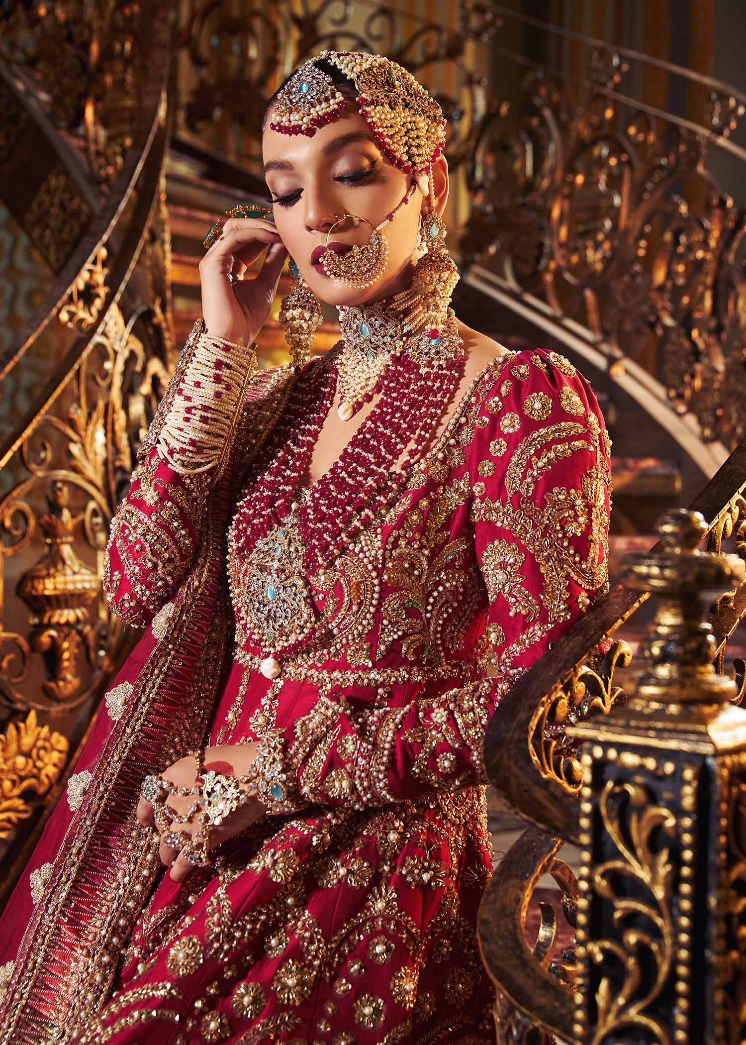 Pakistani Crimson Red Embroidered Raw Silk Bridal Lehenga (3-Piece) - Image 10