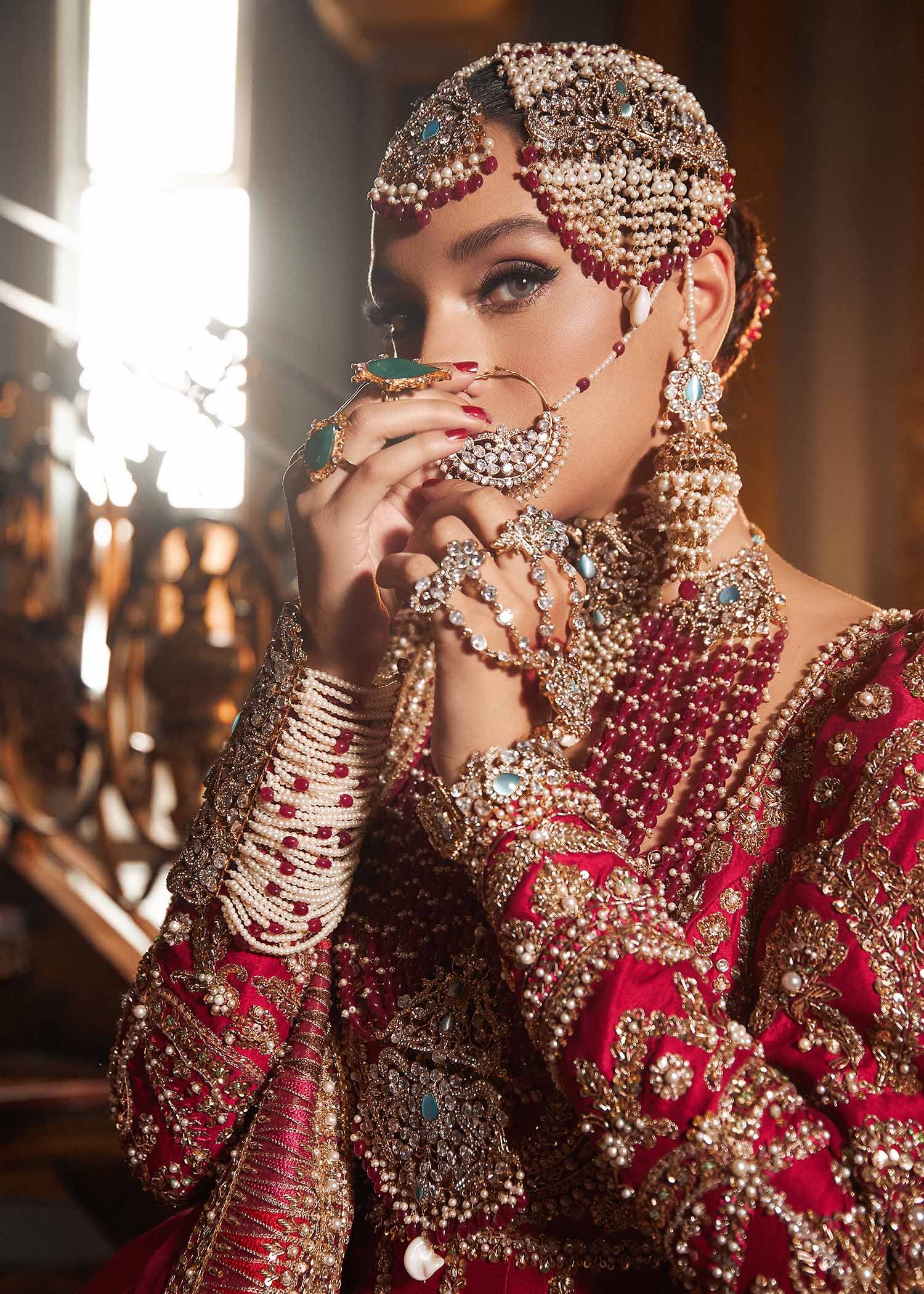 Pakistani Crimson Red Embroidered Raw Silk Bridal Lehenga (3-Piece) - Image 3