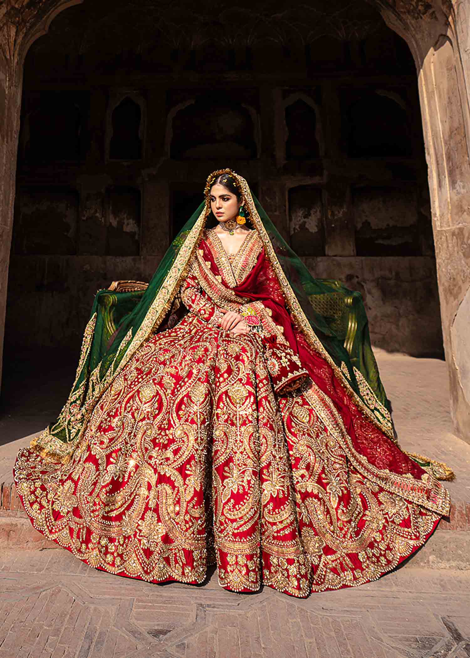 Pakistani Crimson Red Embroidered Raw Silk Bridal Lehenga (3-Piece) - Image 4
