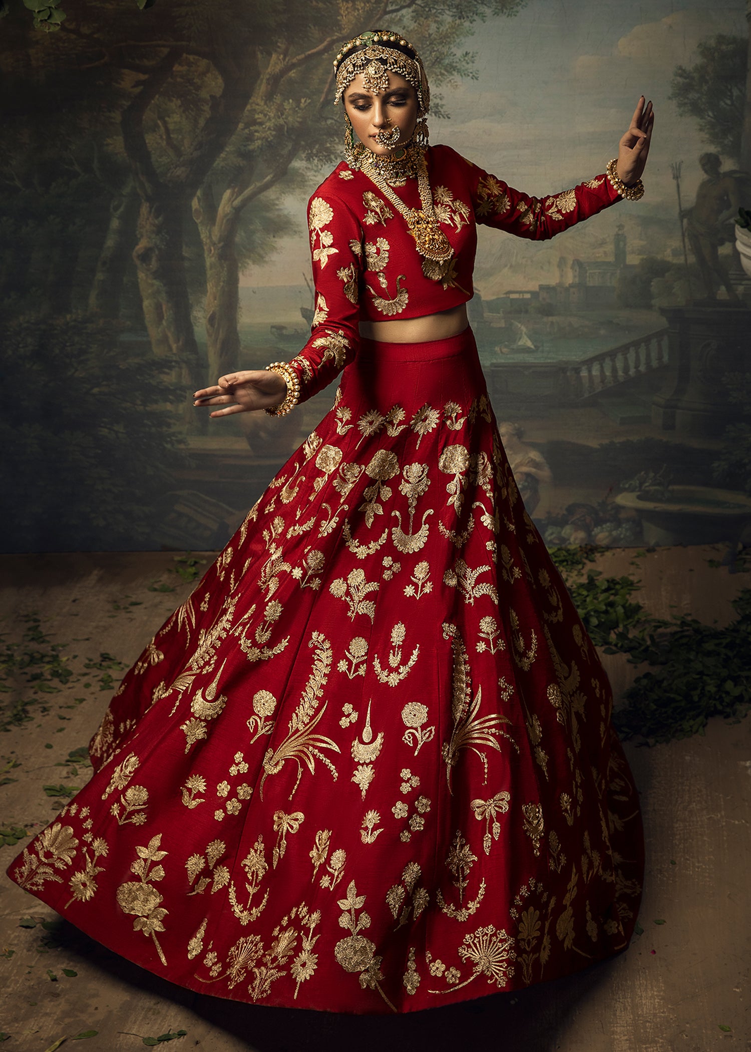 Red Aari Embroidered Raw Silk Lehenga (3-Piece) - Image 1