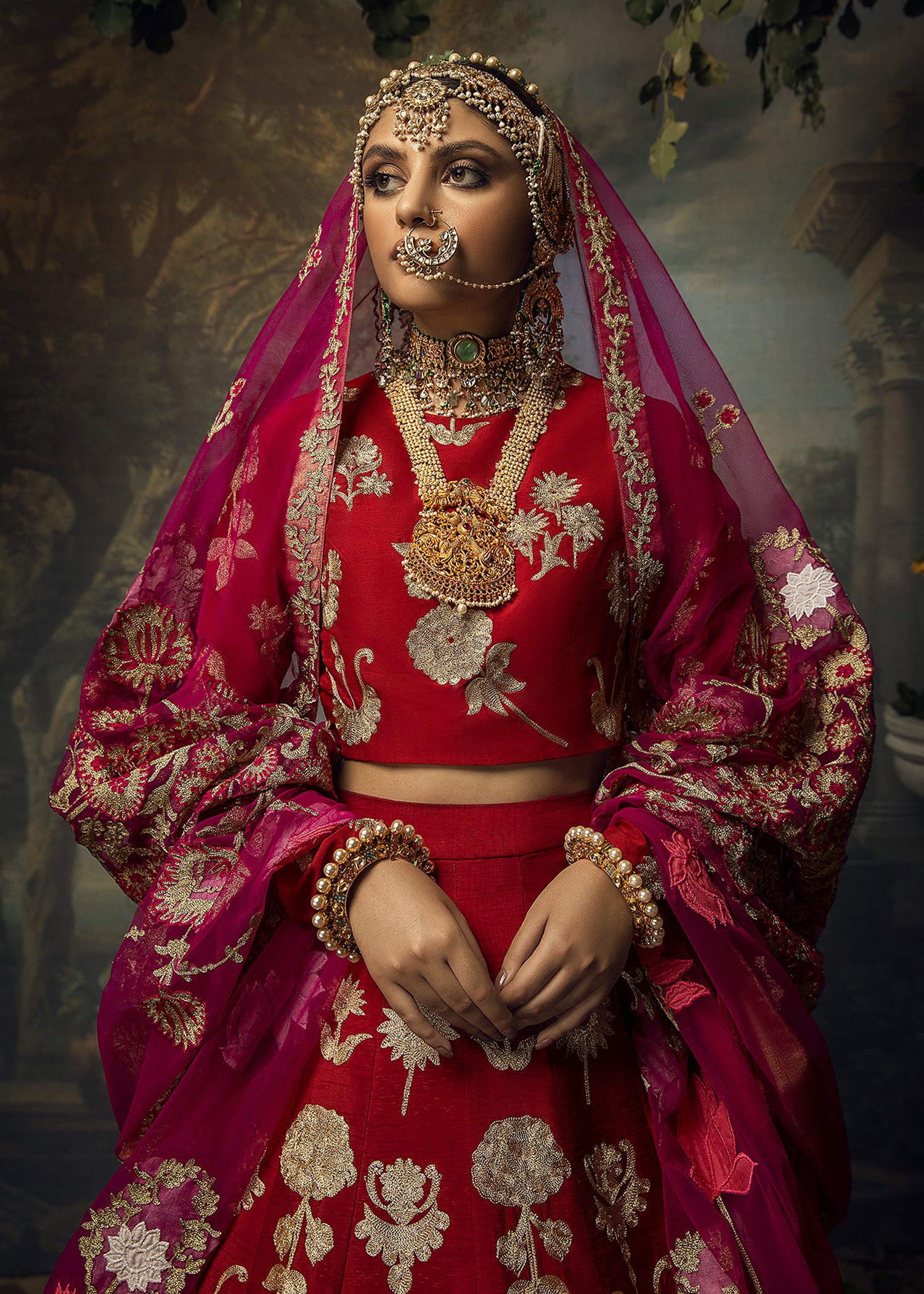 Red Aari Embroidered Raw Silk Lehenga (3-Piece) - Image 6