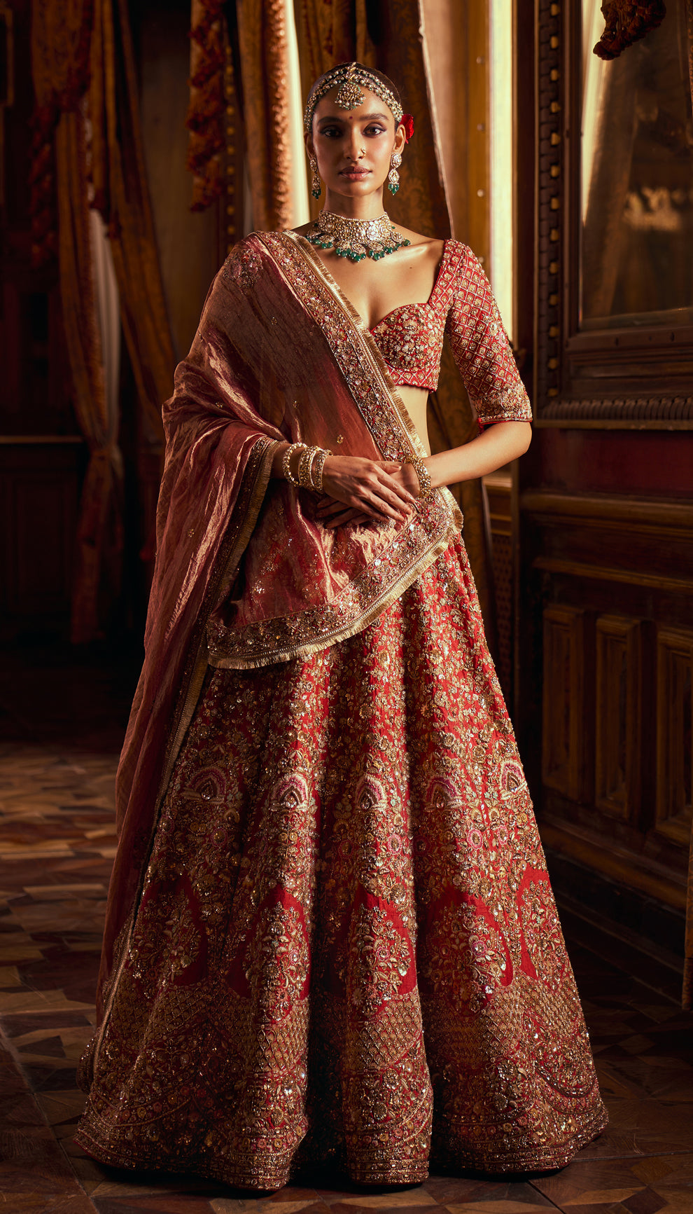 Indian Deep Scarlet Embroidered Raw Silk Lehenga (3-Piece) - Image 1