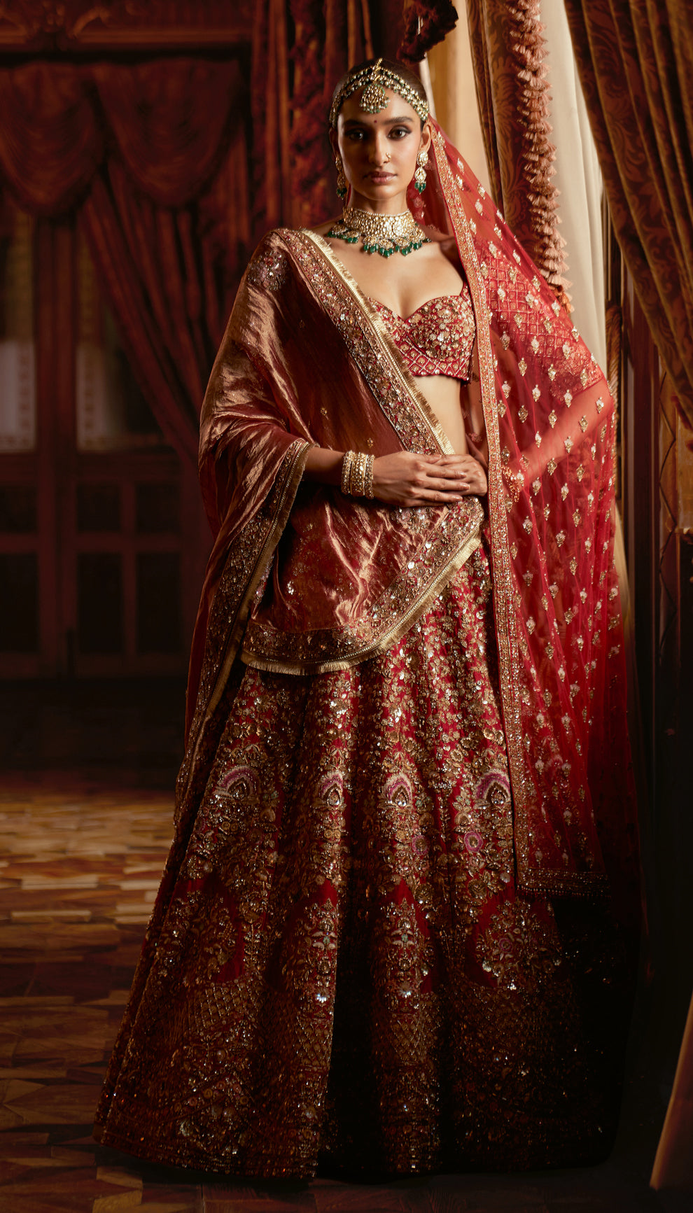 Indian Deep Scarlet Embroidered Raw Silk Lehenga (3-Piece) - Image 2