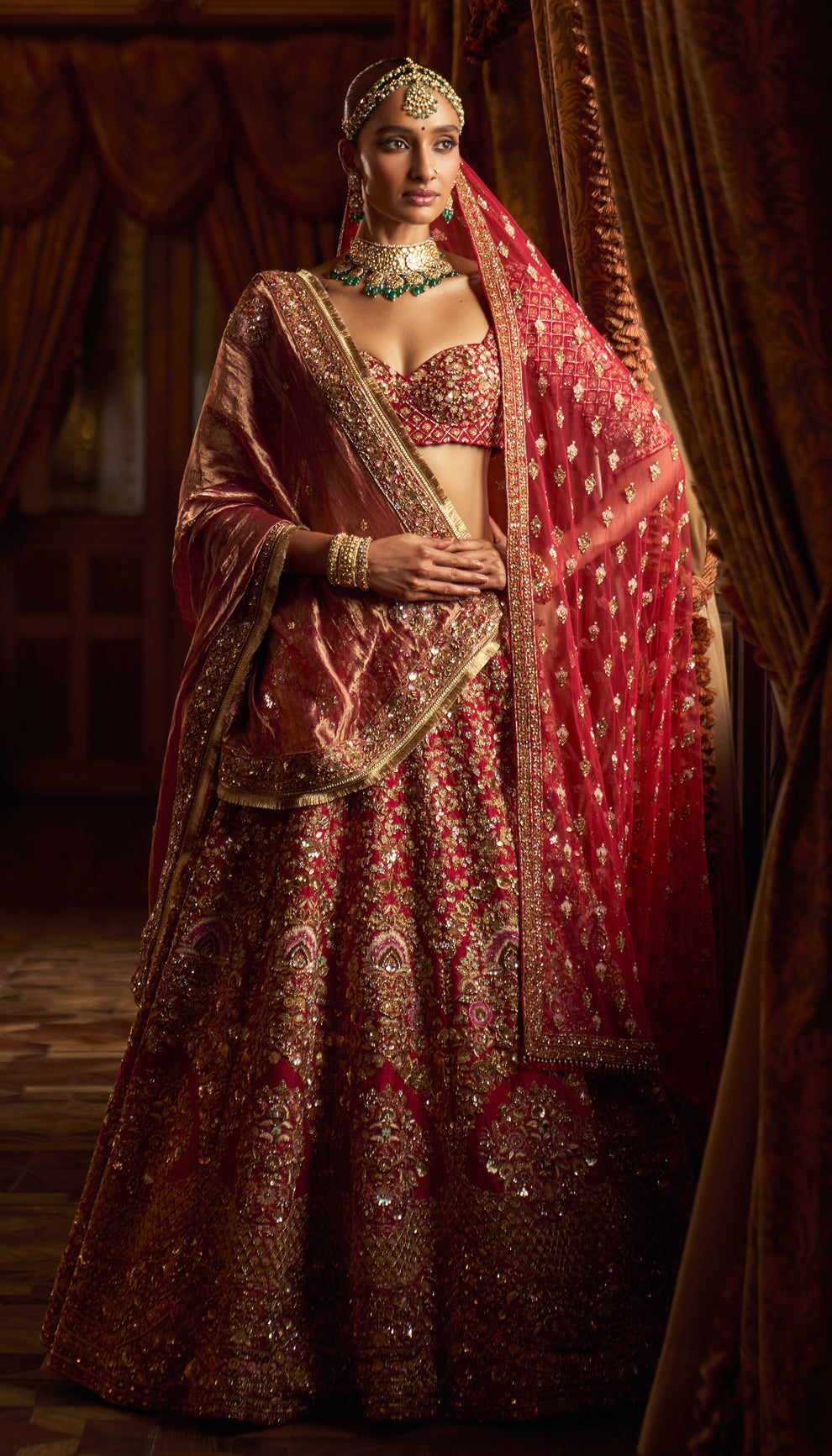 Indian Deep Scarlet Embroidered Raw Silk Lehenga (3-Piece) - Image 7