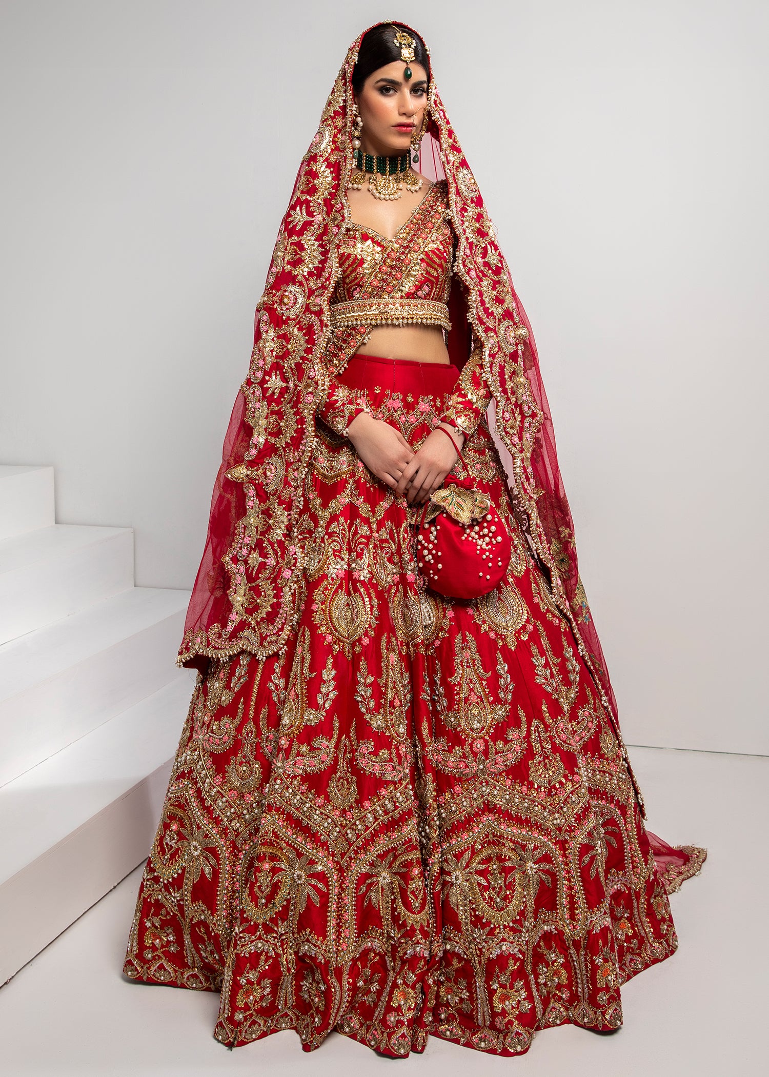 Pakistani Crimson Red Embroidered Silk Bridal Lehenga (3-Piece) - Image 1