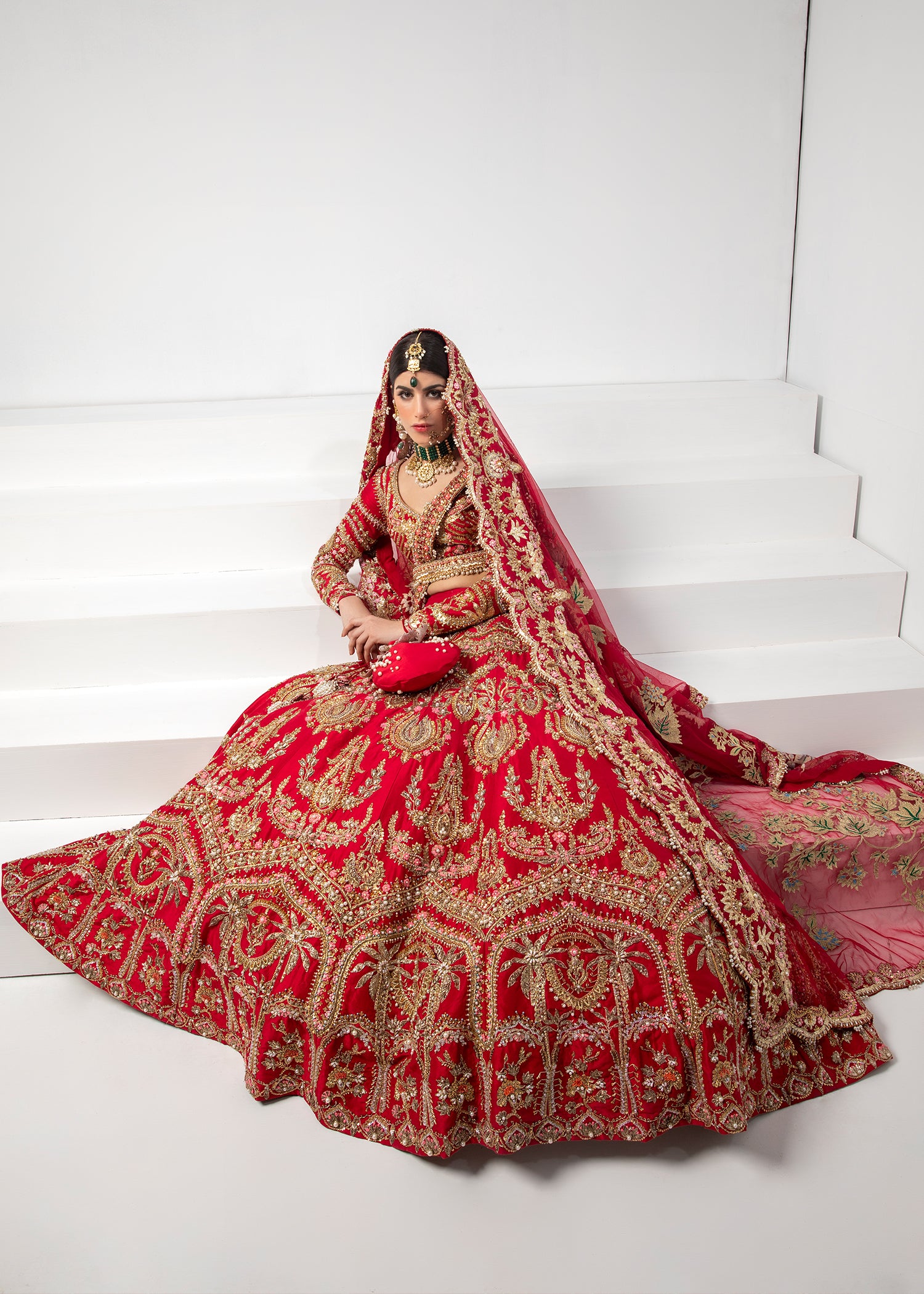 Pakistani Crimson Red Embroidered Silk Bridal Lehenga (3-Piece) - Image 2