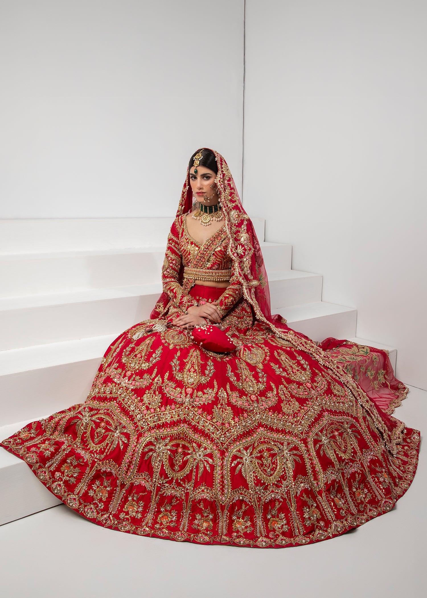 Pakistani Crimson Red Embroidered Silk Bridal Lehenga (3-Piece) - Image 3