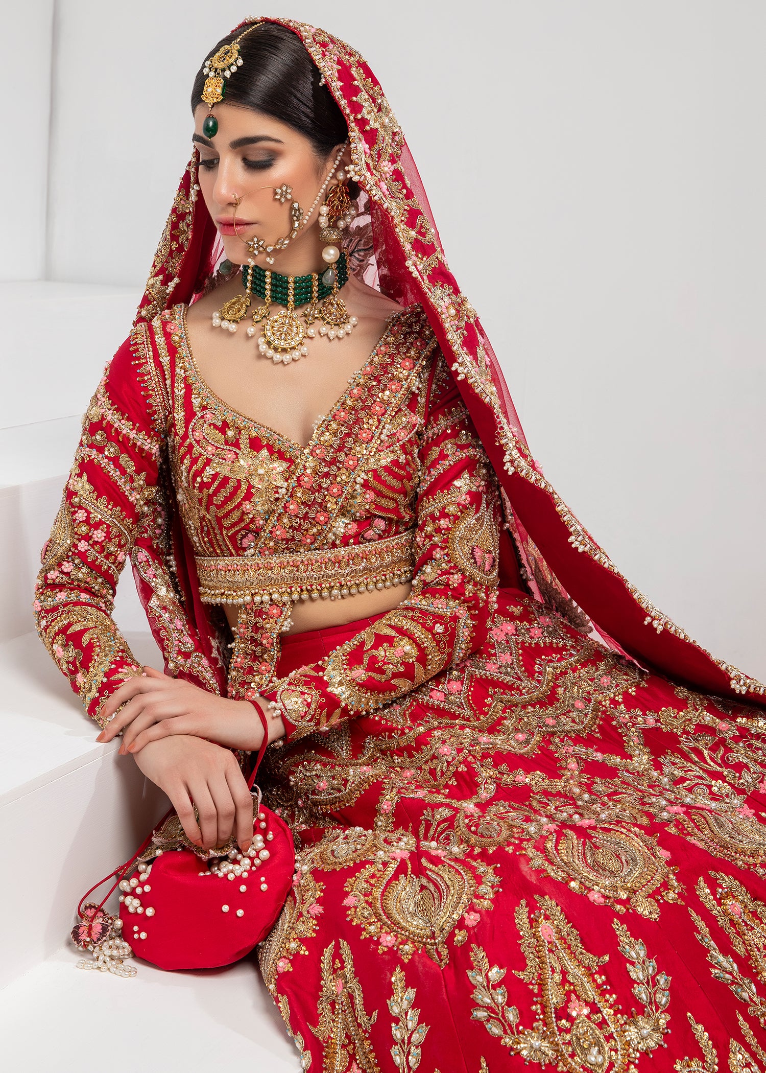 Pakistani Crimson Red Embroidered Silk Bridal Lehenga (3-Piece) - Image 4