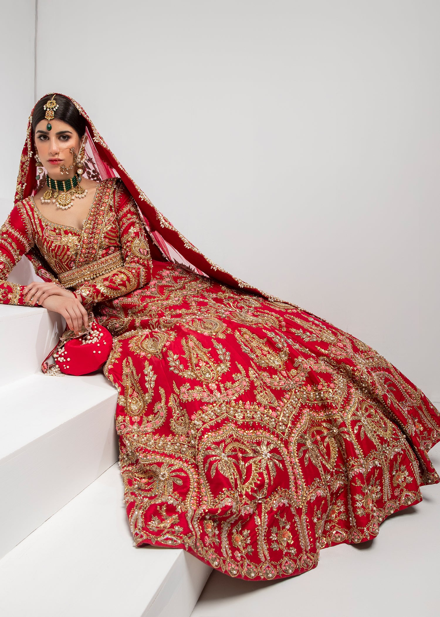 Pakistani Crimson Red Embroidered Silk Bridal Lehenga (3-Piece) - Image 5