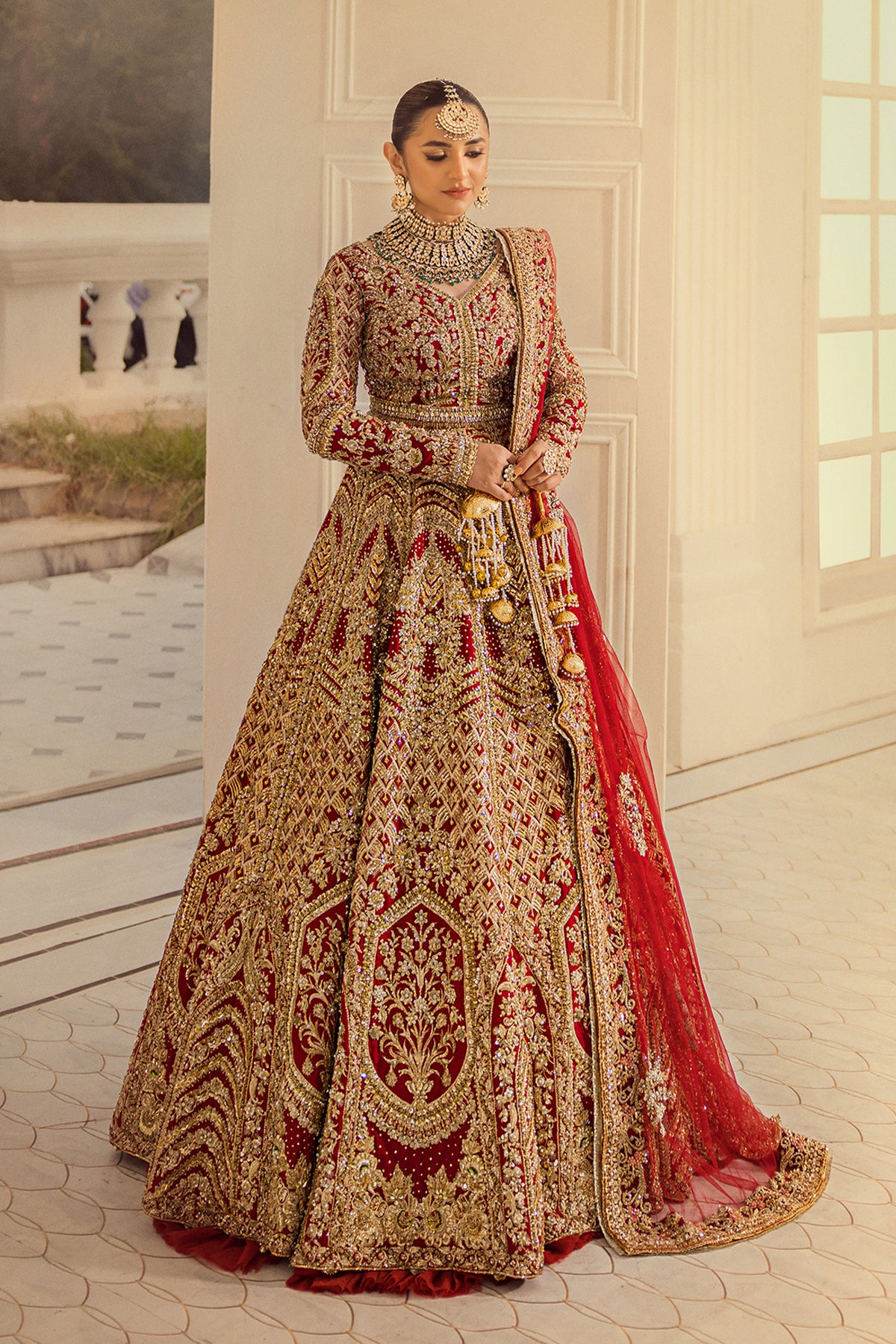 Pakistani Deep Red Adda Work Raw Silk Lehenga Choli (3-Piece) - Image 1