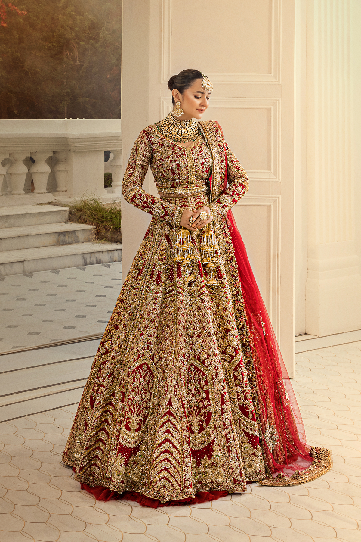 Pakistani Deep Red Adda Work Raw Silk Lehenga Choli (3-Piece) - Image 2
