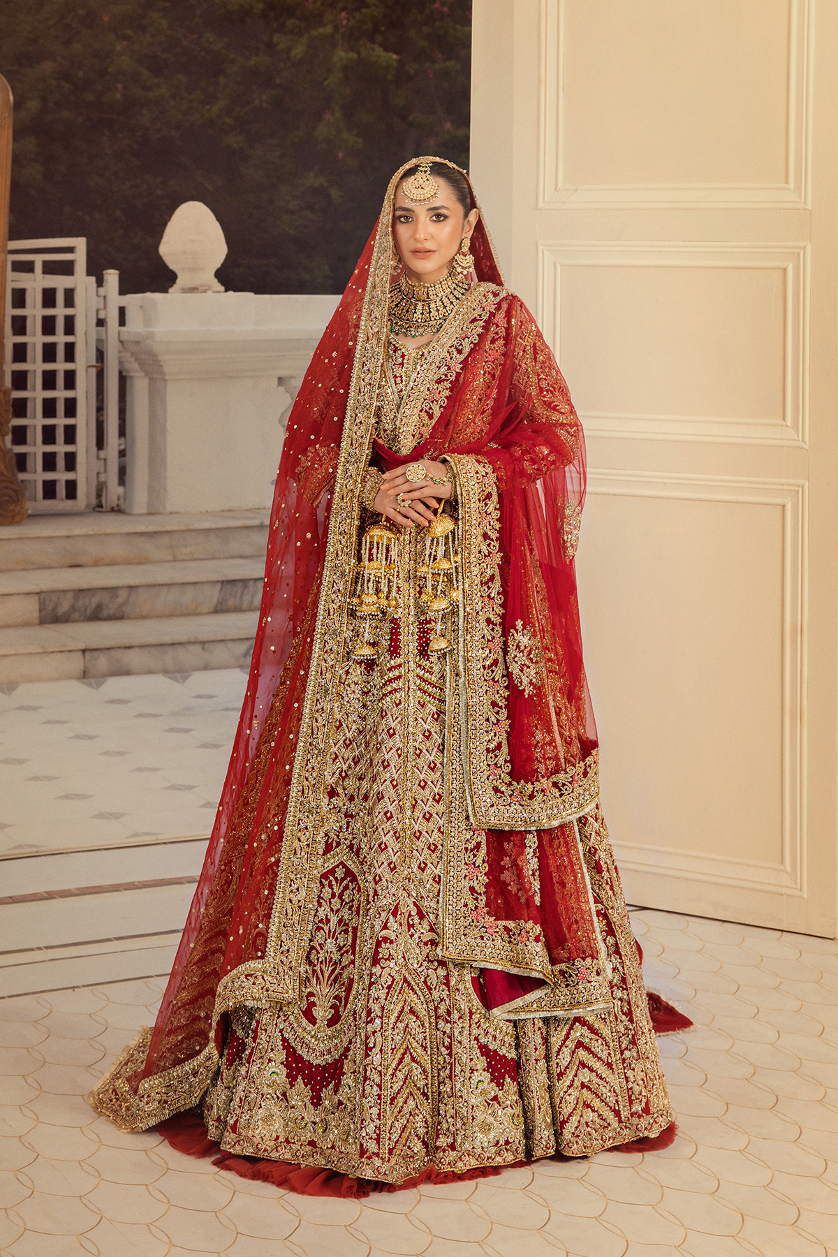 Pakistani Deep Red Adda Work Raw Silk Lehenga Choli (3-Piece) - Image 4