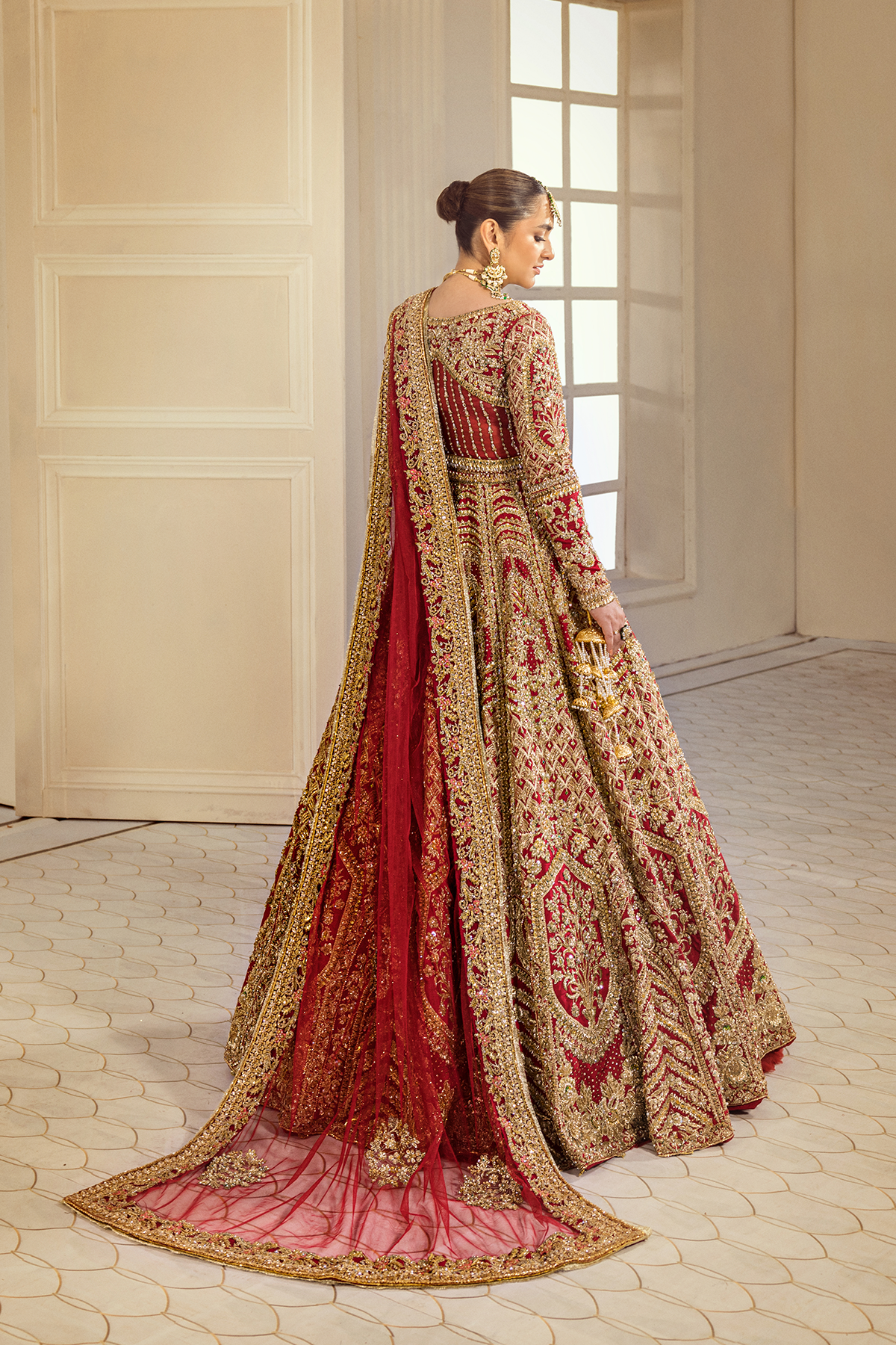 Pakistani Deep Red Adda Work Raw Silk Lehenga Choli (3-Piece) - Image 5