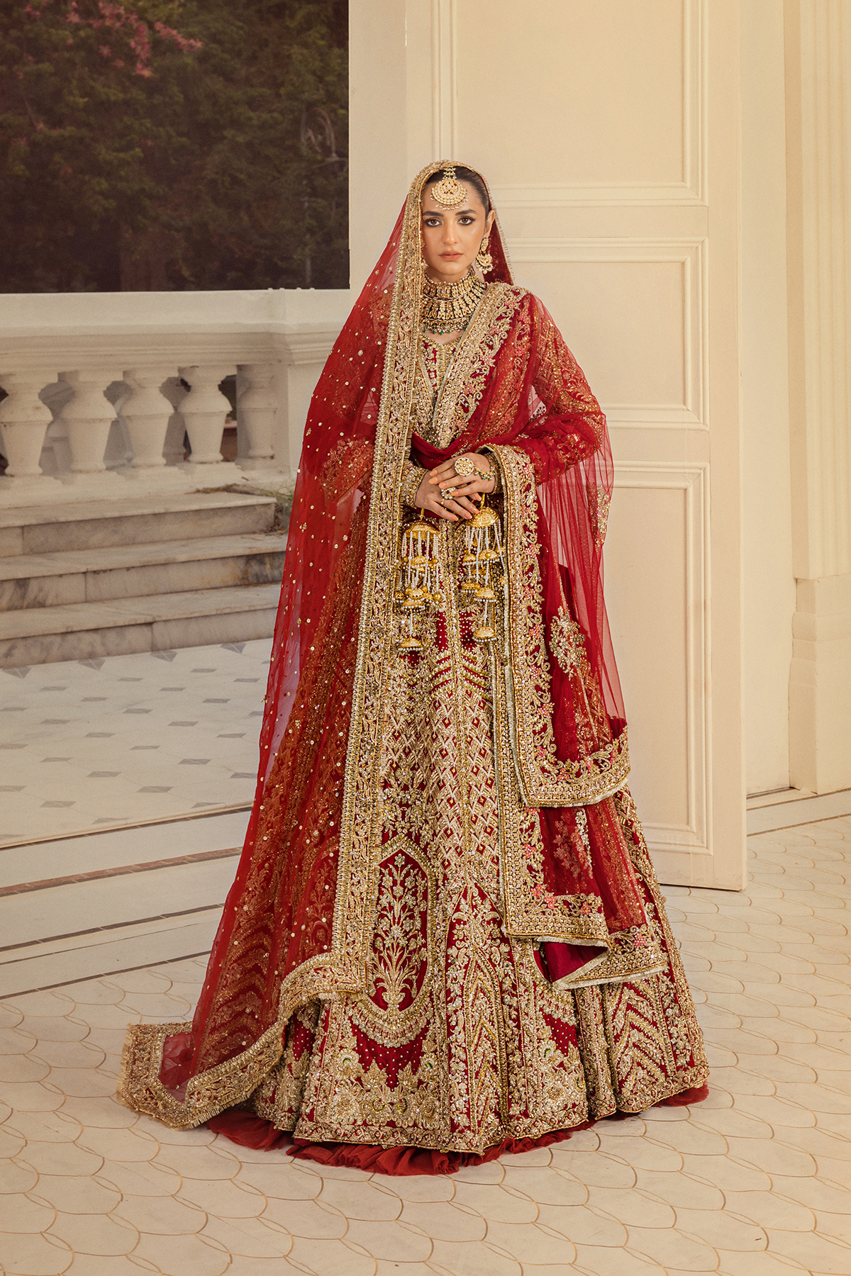 Pakistani Deep Red Adda Work Raw Silk Lehenga Choli (3-Piece) - Image 6