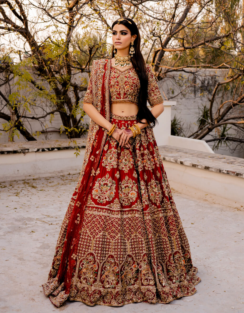 Pakistani Valentino Red Zardozi Raw Silk Lehenga Choli (3-Piece) - Image 1