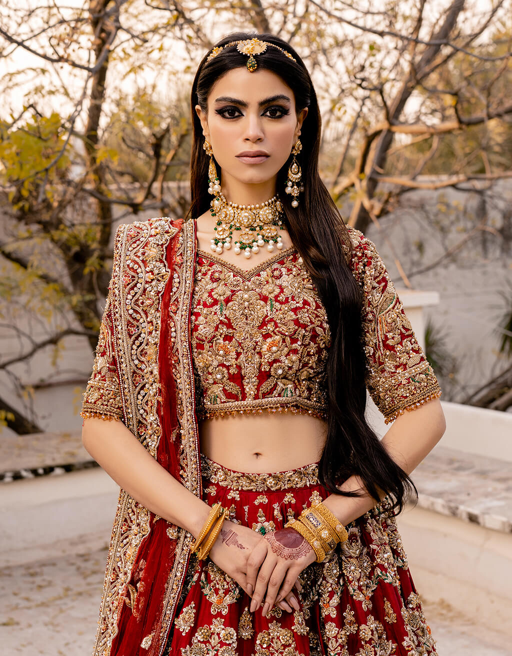 Pakistani Valentino Red Zardozi Raw Silk Lehenga Choli (3-Piece) - Image 2
