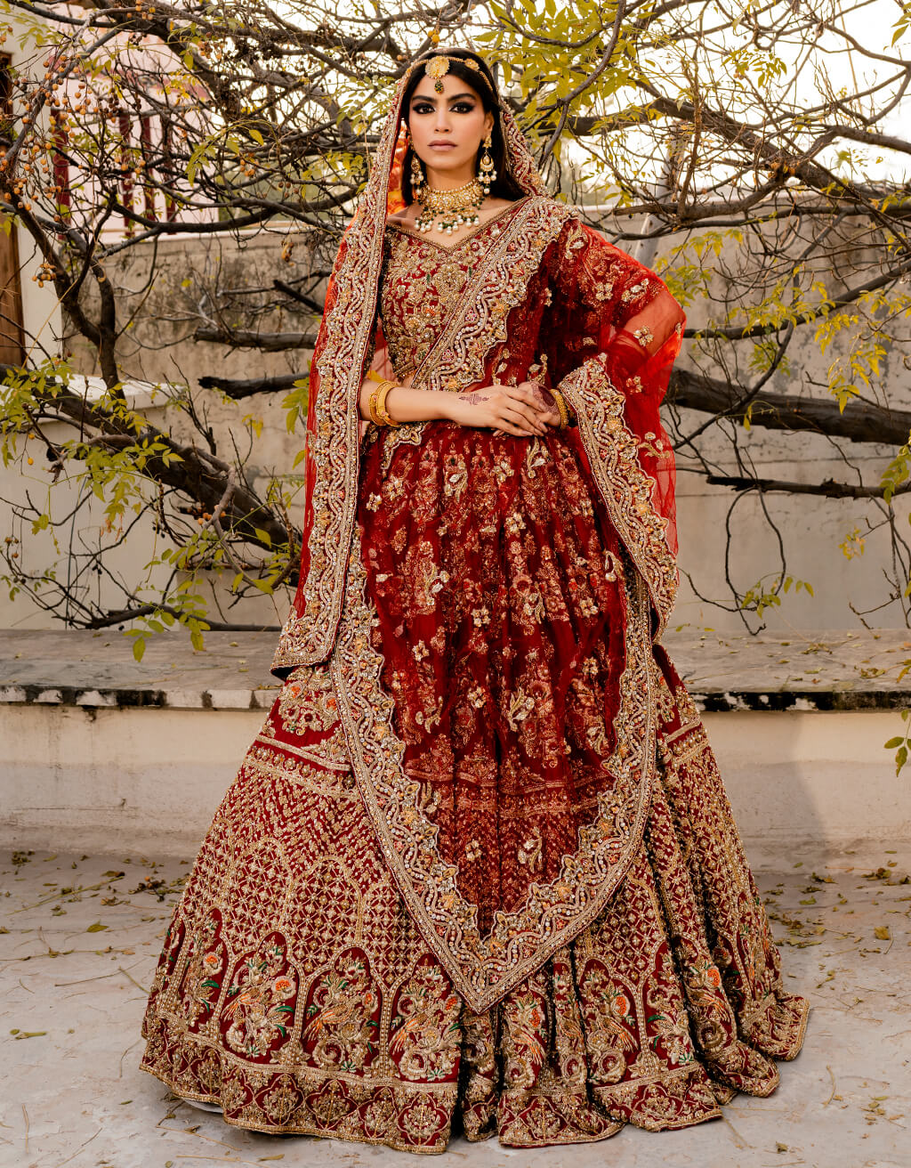 Pakistani Valentino Red Zardozi Raw Silk Lehenga Choli (3-Piece) - Image 5