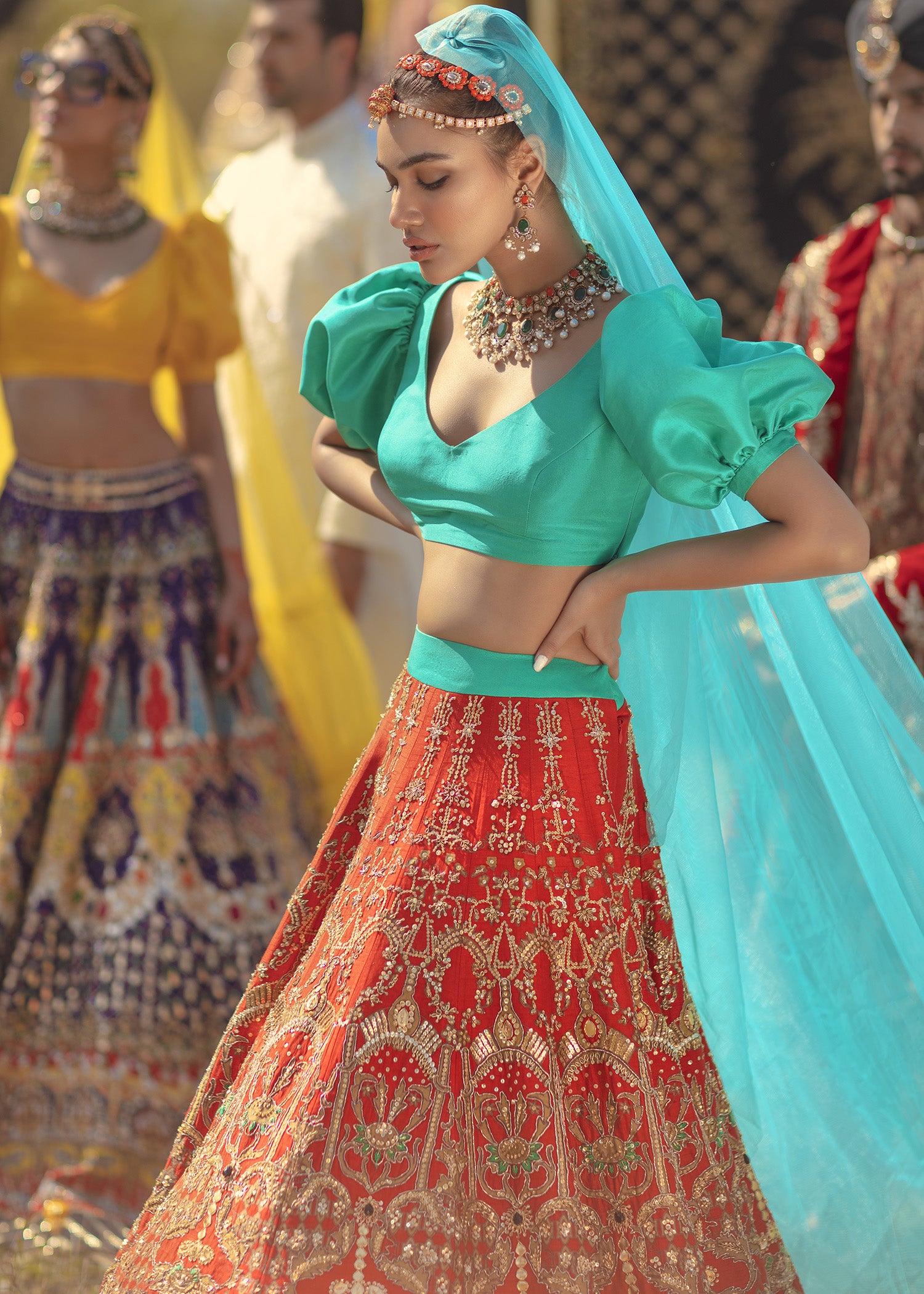 Pakistani Red Embroidered Raw Silk Lehenga (3-Piece) - Image 1