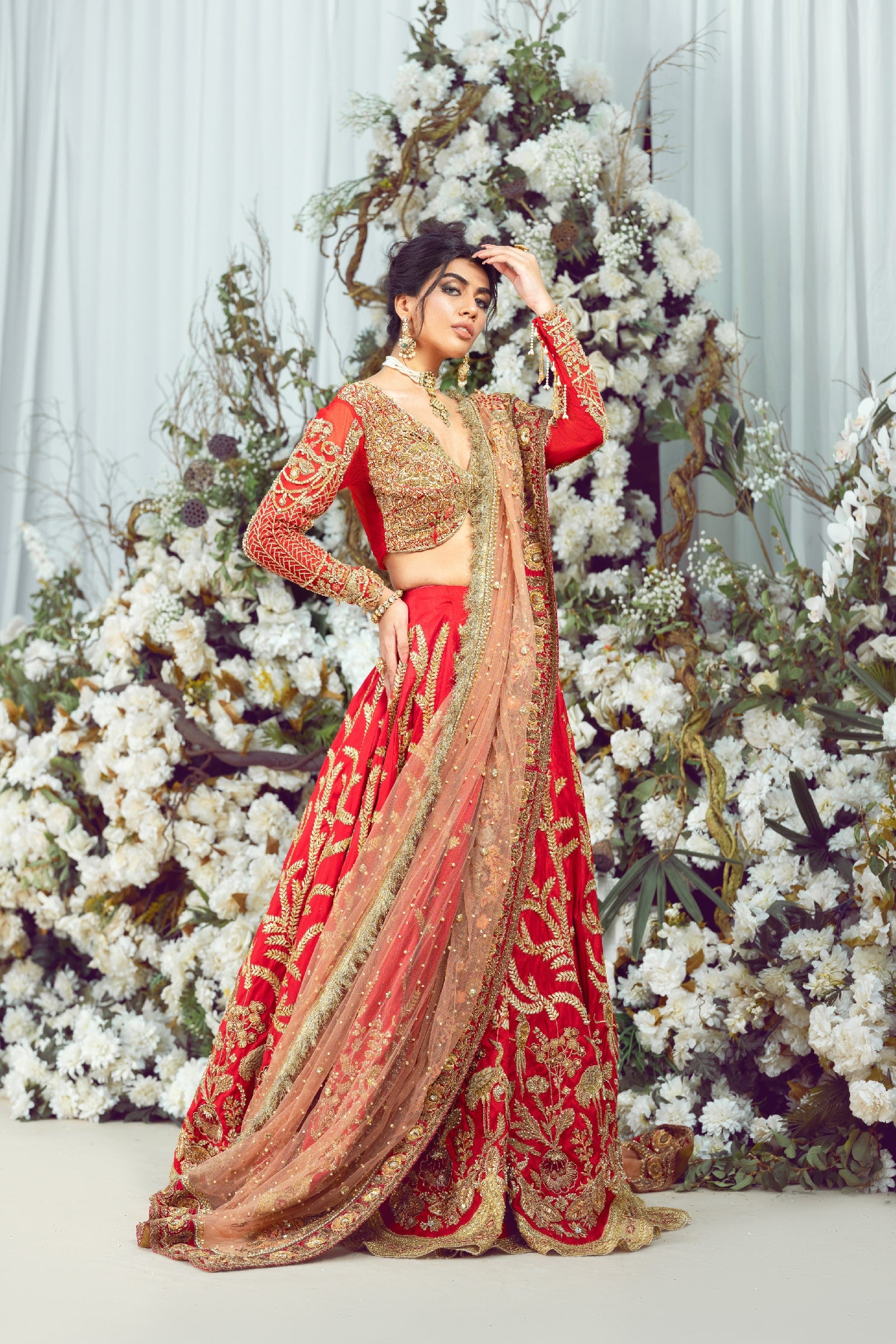 Pakistani Scarlet Dabka Kora Naqshi Raw Silk Lehenga Choli (3-Piece) - Image 3