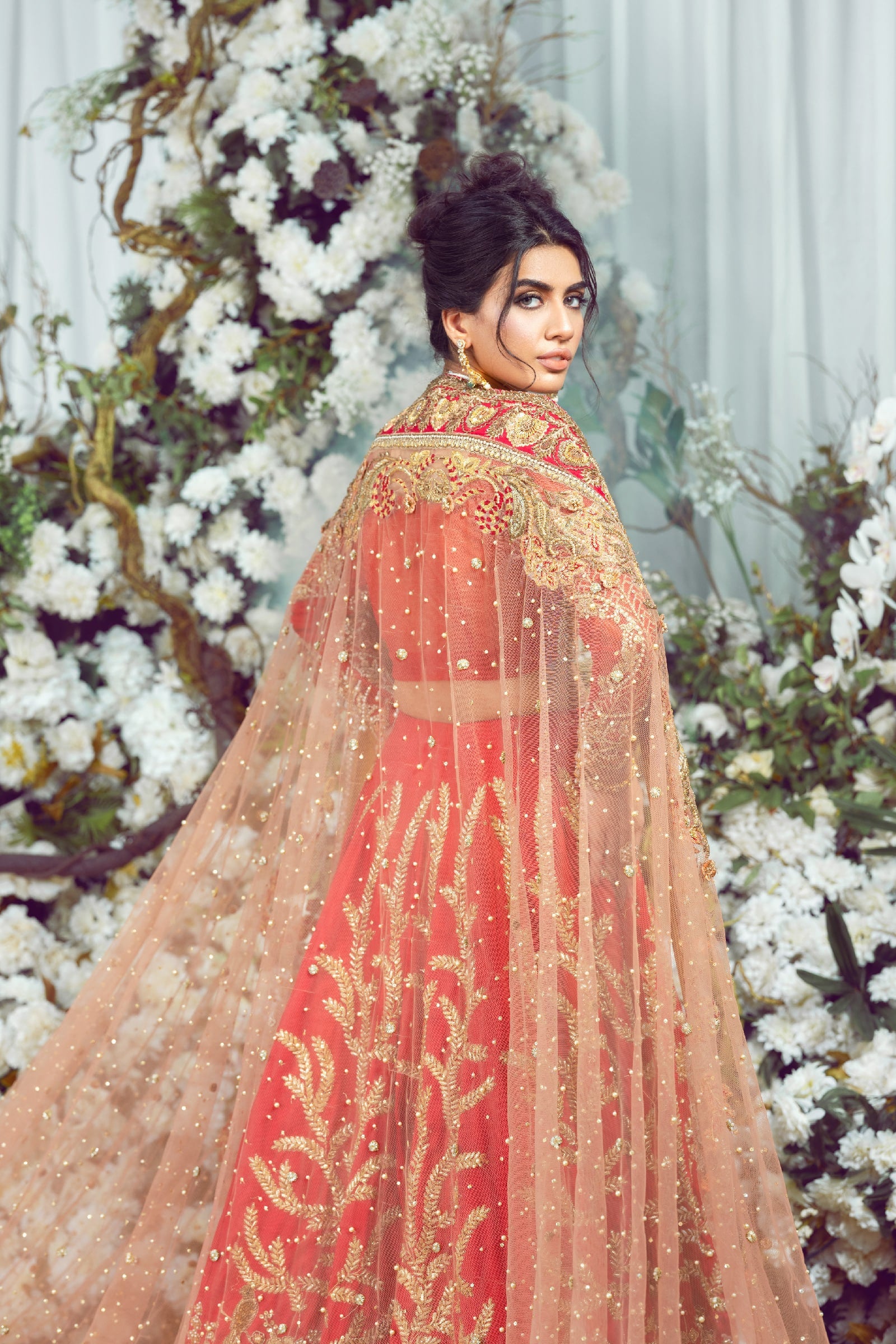 Pakistani Scarlet Dabka Kora Naqshi Raw Silk Lehenga Choli (3-Piece) - Image 5