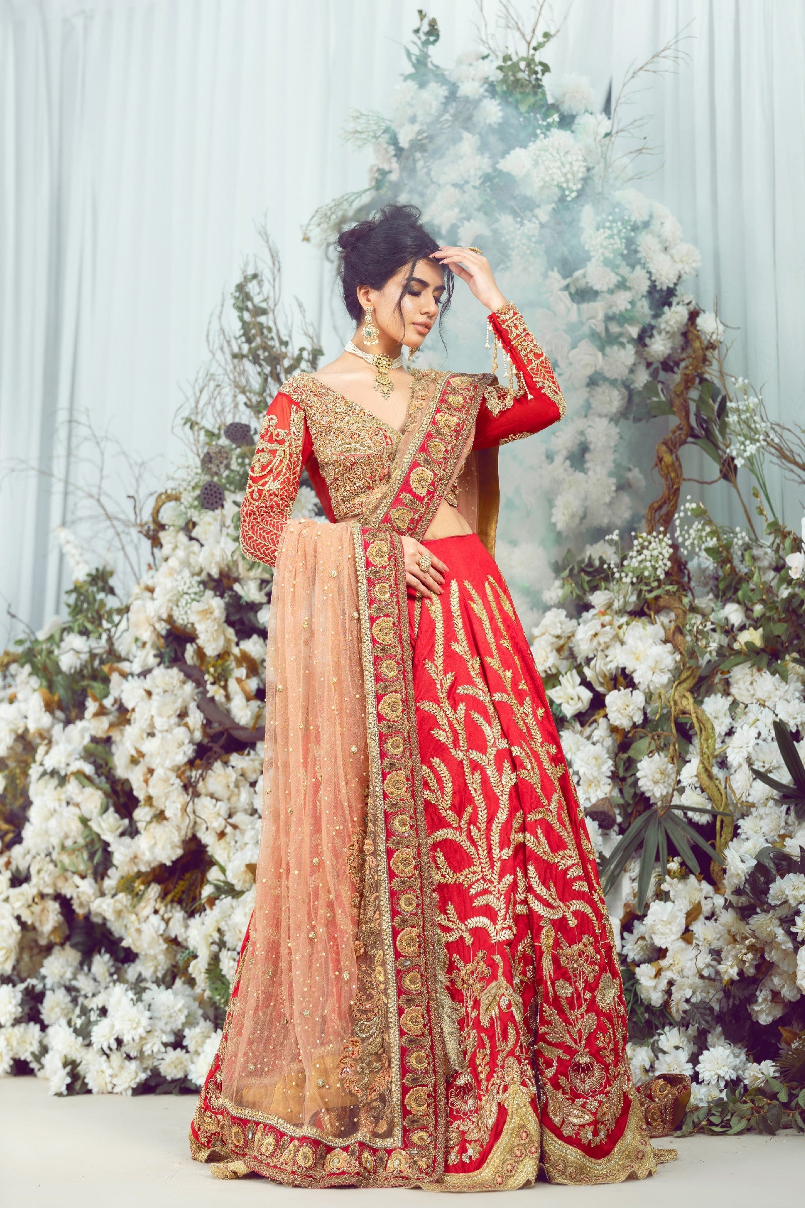 Pakistani Scarlet Dabka Kora Naqshi Raw Silk Lehenga Choli (3-Piece) - Image 6
