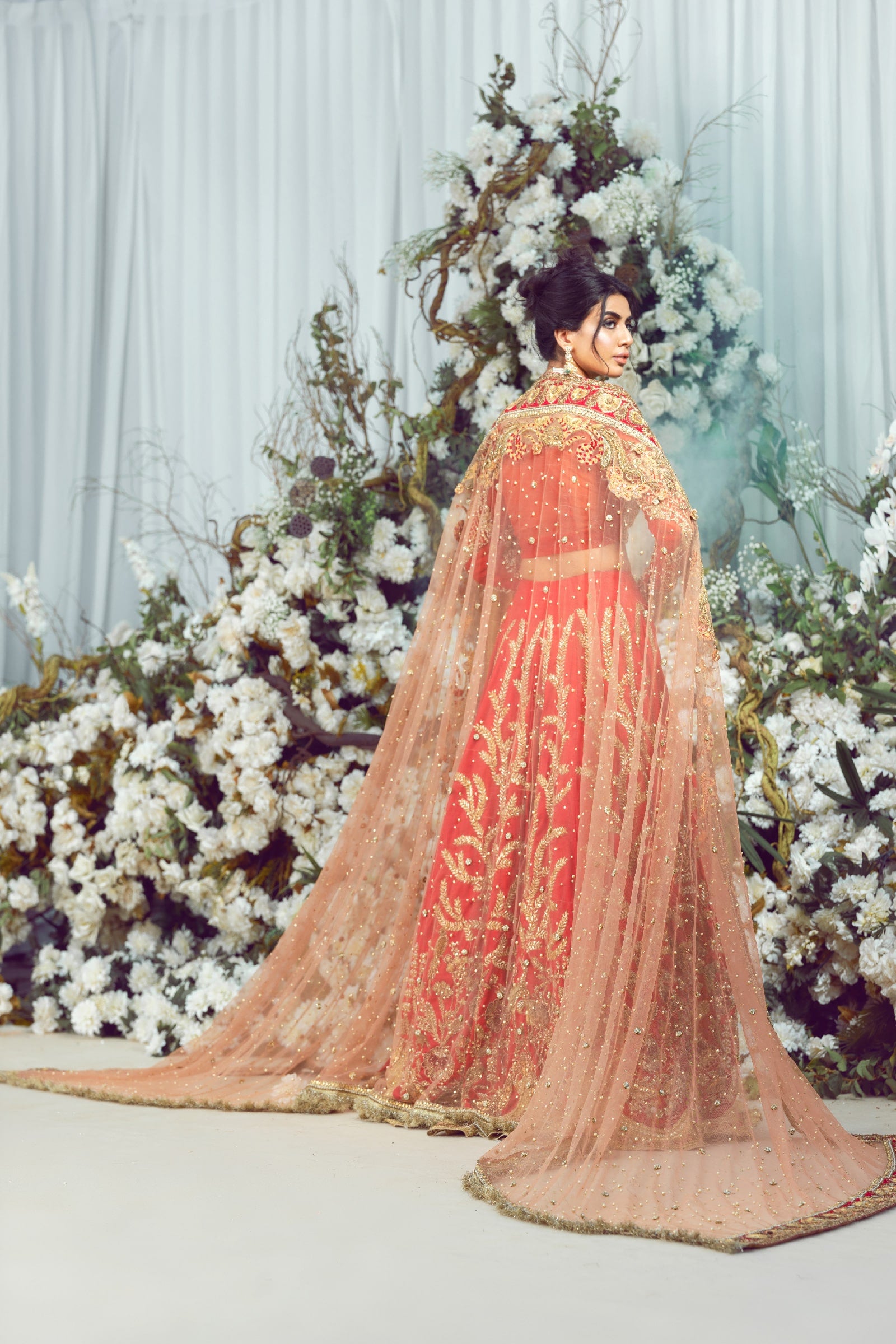 Pakistani Scarlet Dabka Kora Naqshi Raw Silk Lehenga Choli (3-Piece) - Image 7