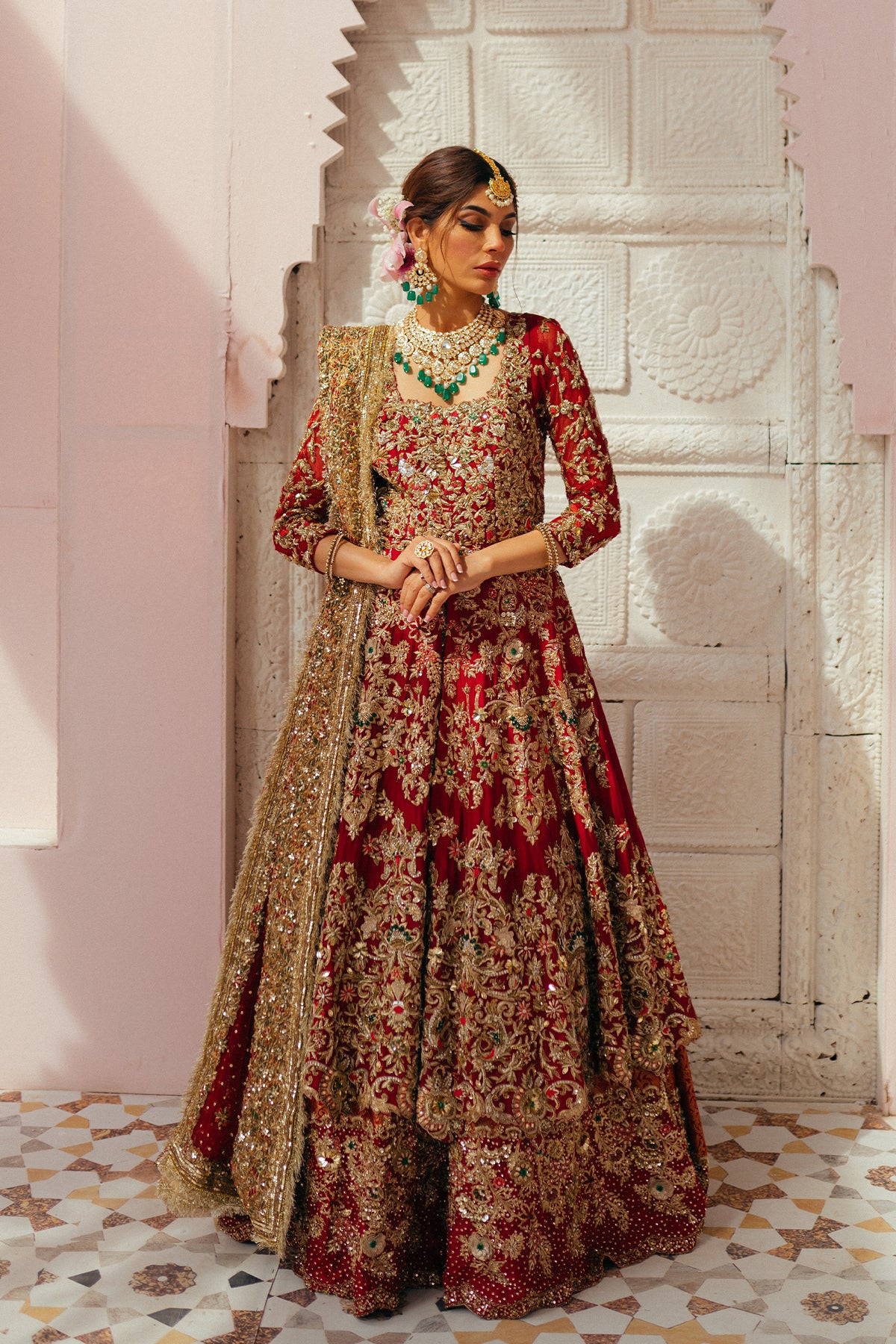 Pakistani Mehroon Red Dabka Resham Silk Bridal Lehenga (3-Piece) - Image 1
