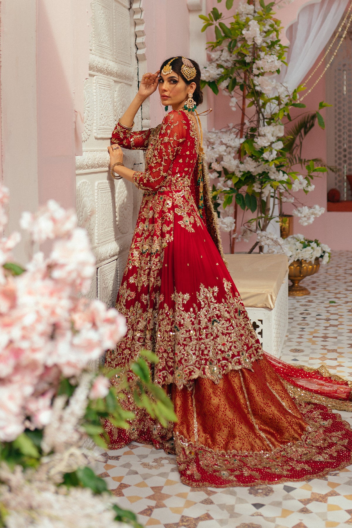 Pakistani Mehroon Red Dabka Resham Silk Bridal Lehenga (3-Piece) - Image 2