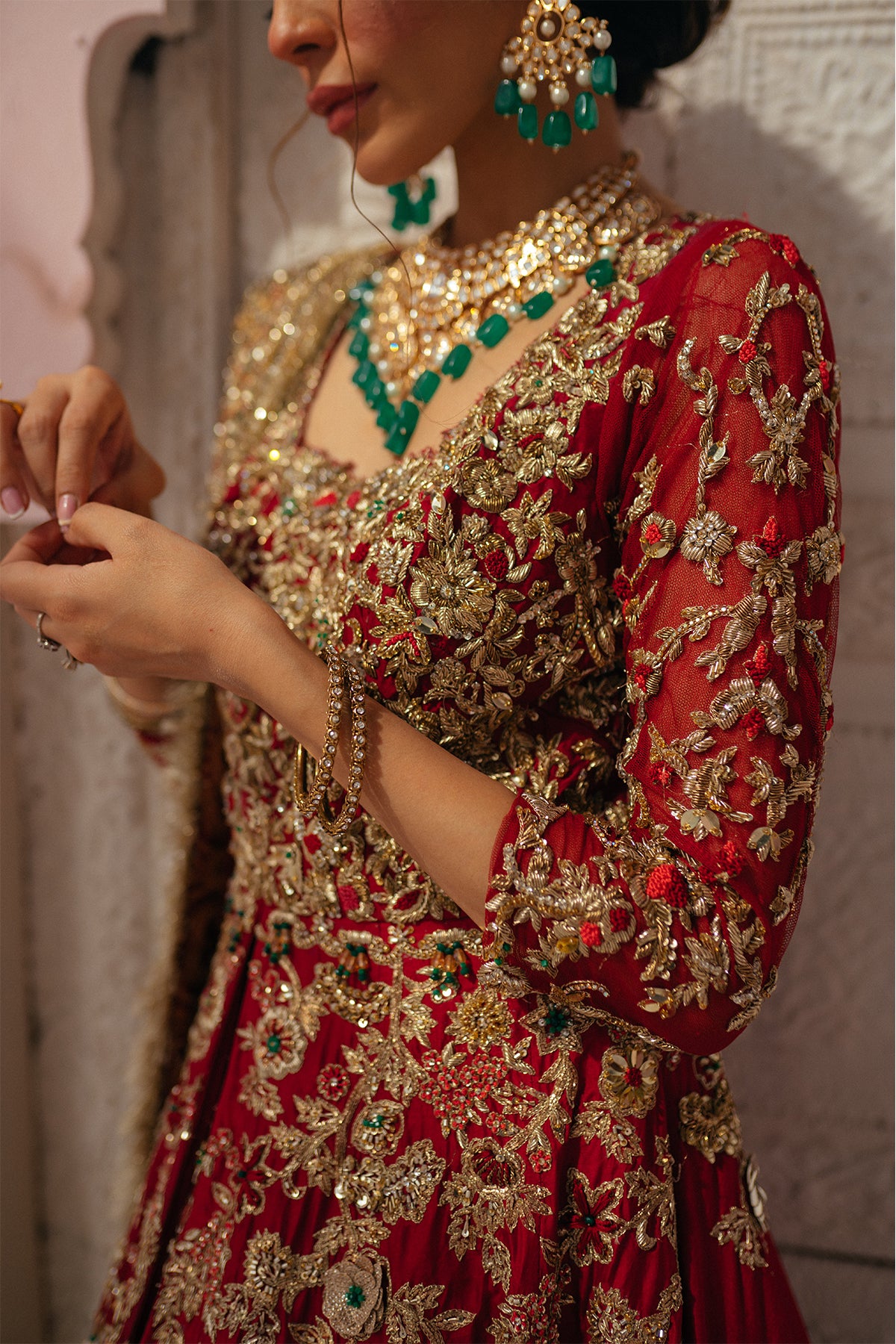 Pakistani Mehroon Red Dabka Resham Silk Bridal Lehenga (3-Piece) - Image 3