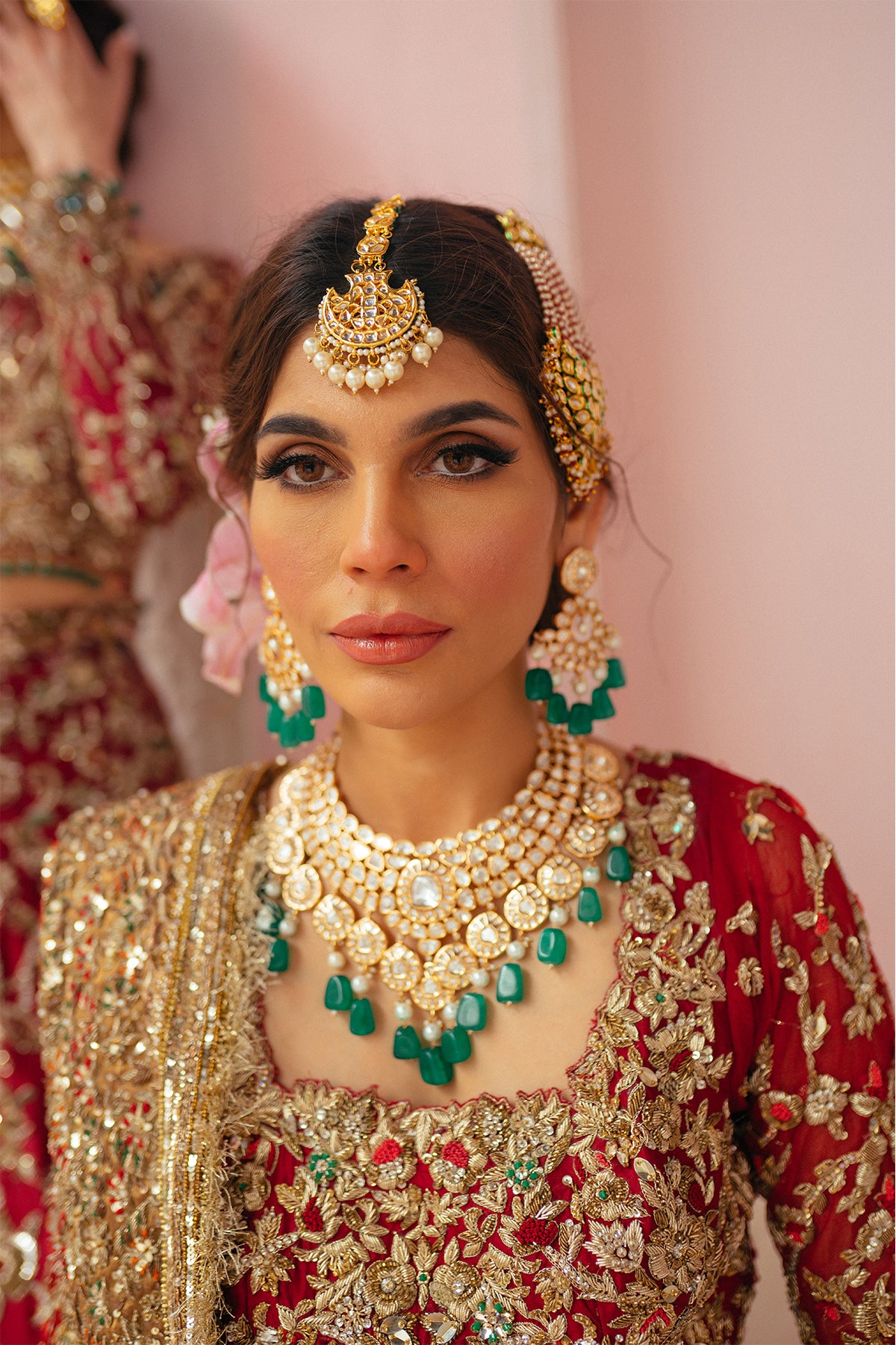 Pakistani Mehroon Red Dabka Resham Silk Bridal Lehenga (3-Piece) - Image 4