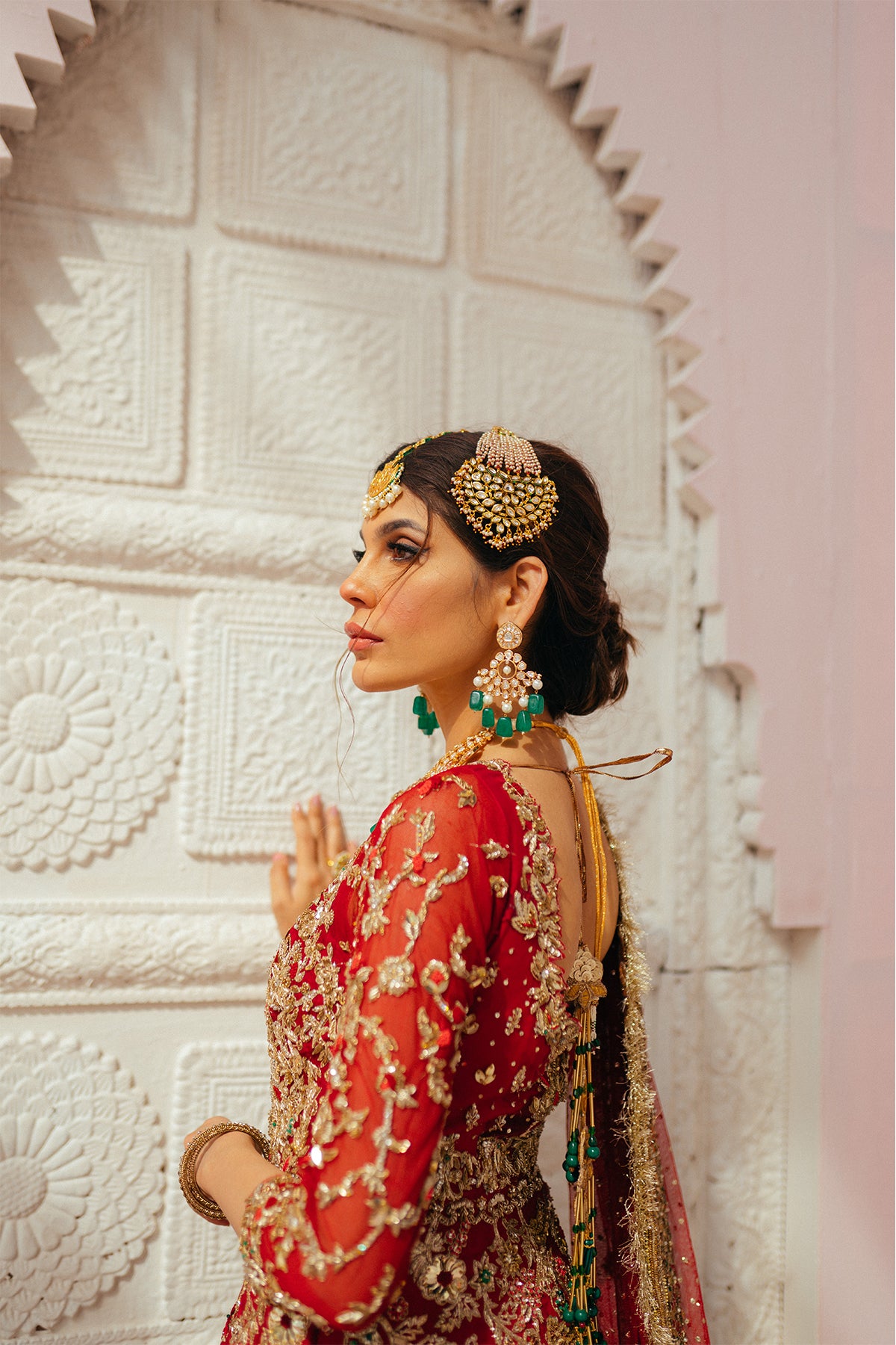 Pakistani Mehroon Red Dabka Resham Silk Bridal Lehenga (3-Piece) - Image 5