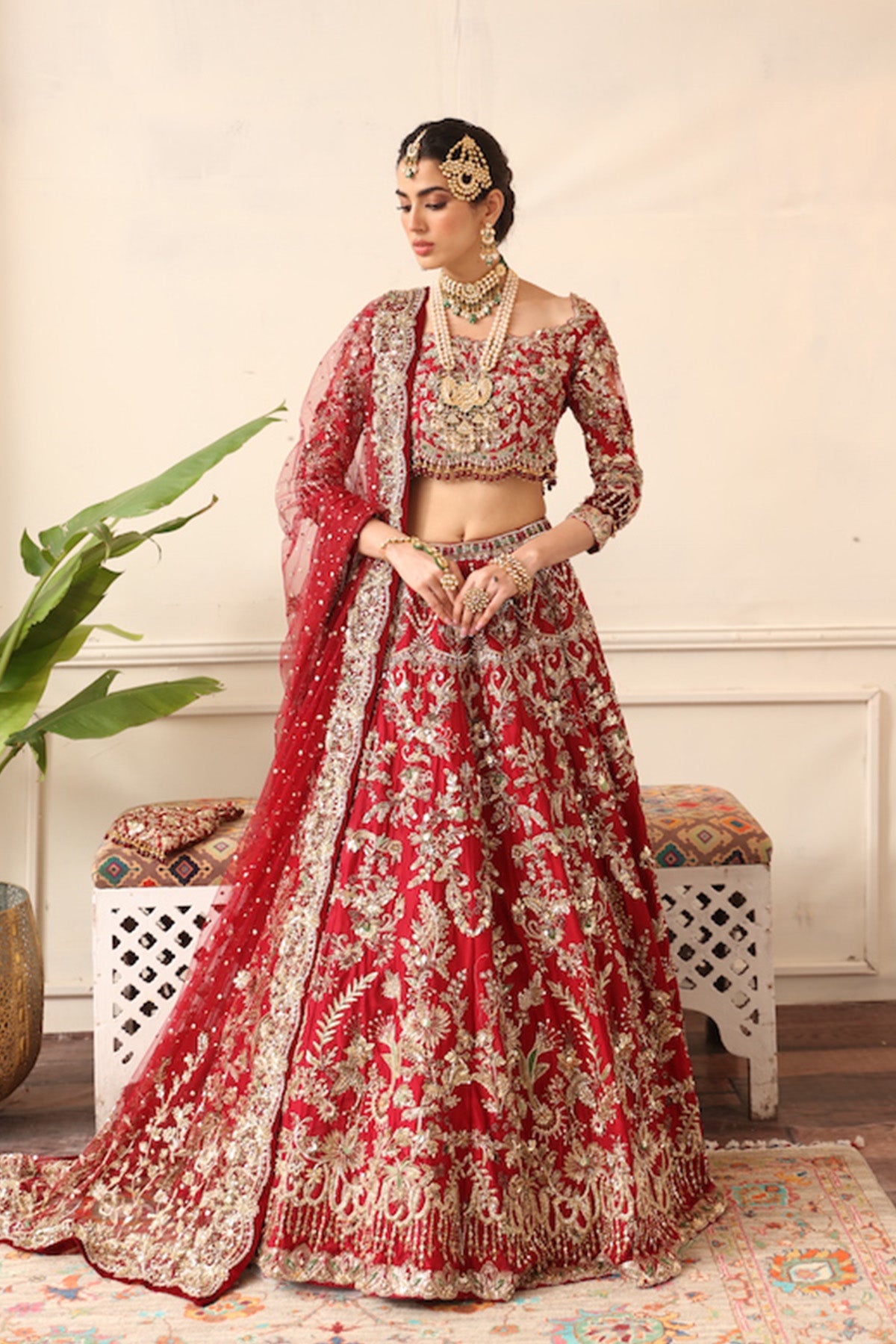 Pakistani Red Dabka Resham Raw Silk Bridal Lehenga Choli (3-Piece) - Image 1