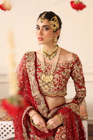 Pakistani Red Dabka Resham Raw Silk Bridal Lehenga Choli (3-Piece) - Image 4