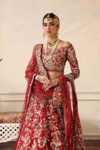 Pakistani Red Dabka Resham Raw Silk Bridal Lehenga Choli (3-Piece) - Image 5