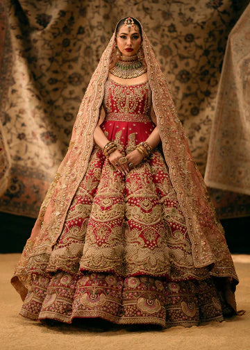 Ruby Red Embroidered Raw Silk Lehenga & Pishwas (3-Piece) - Image 1