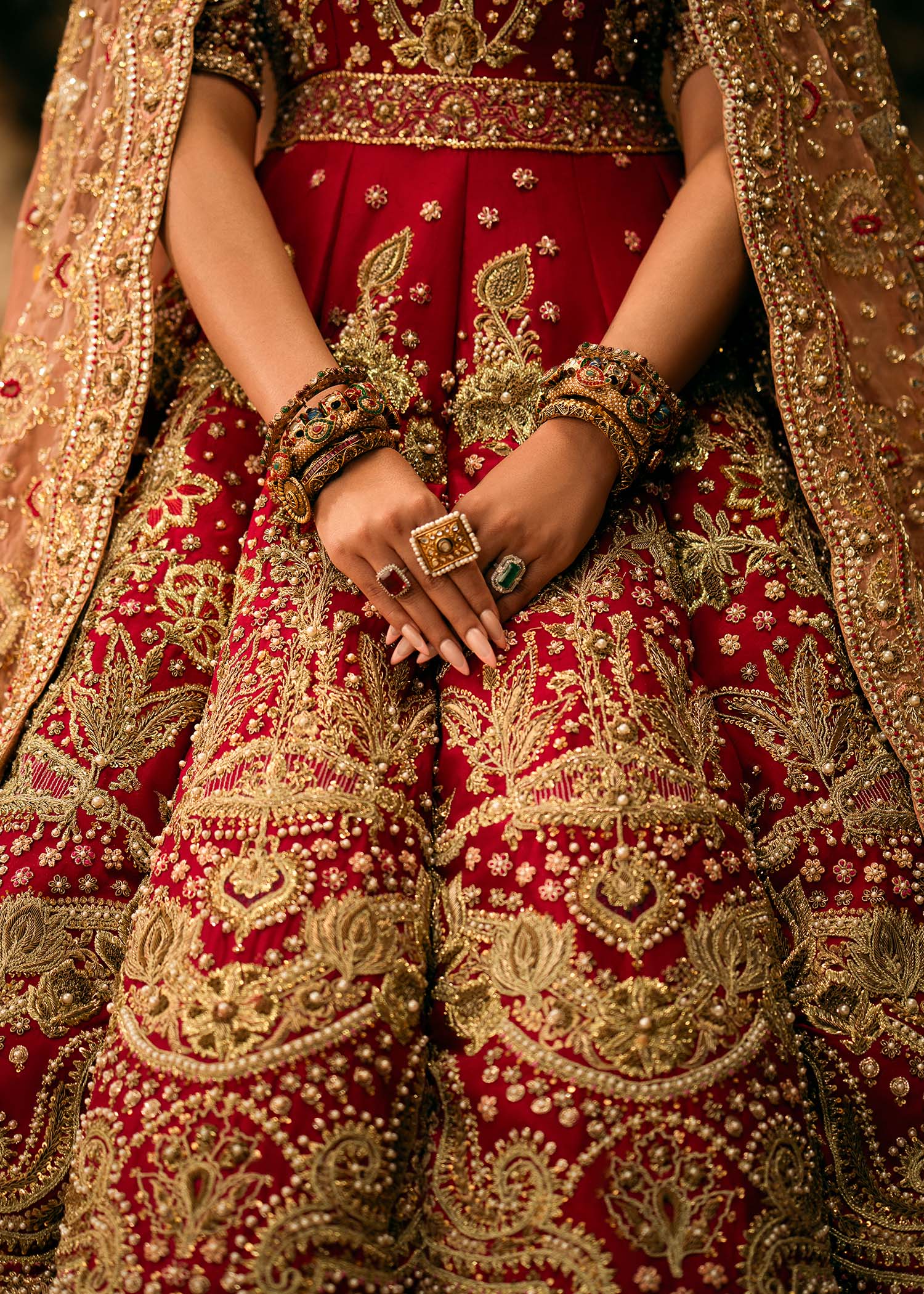 Ruby Red Embroidered Raw Silk Lehenga & Pishwas (3-Piece) - Image 3