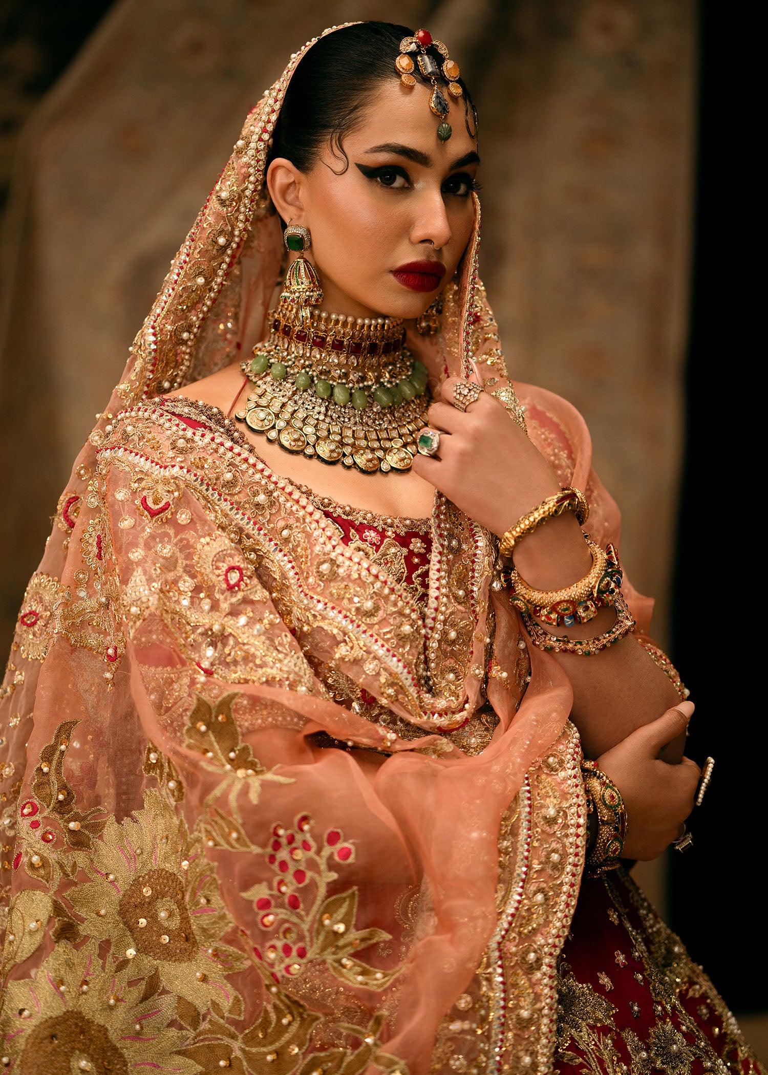 Ruby Red Embroidered Raw Silk Lehenga & Pishwas (3-Piece) - Image 5