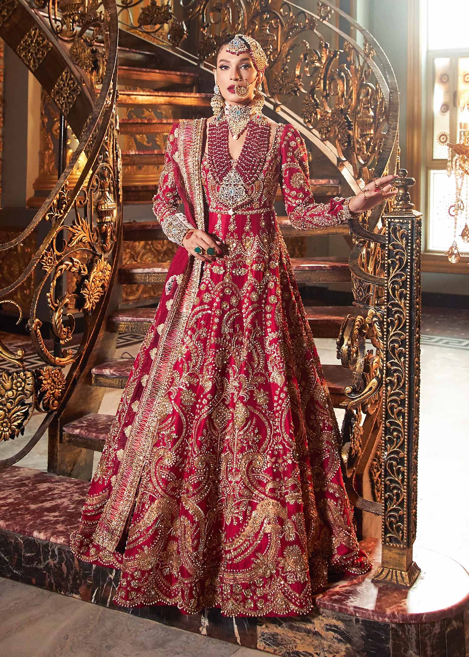 Crimson Red Embroidered Raw Silk Bridal Lehenga (3-Piece) - Image 2