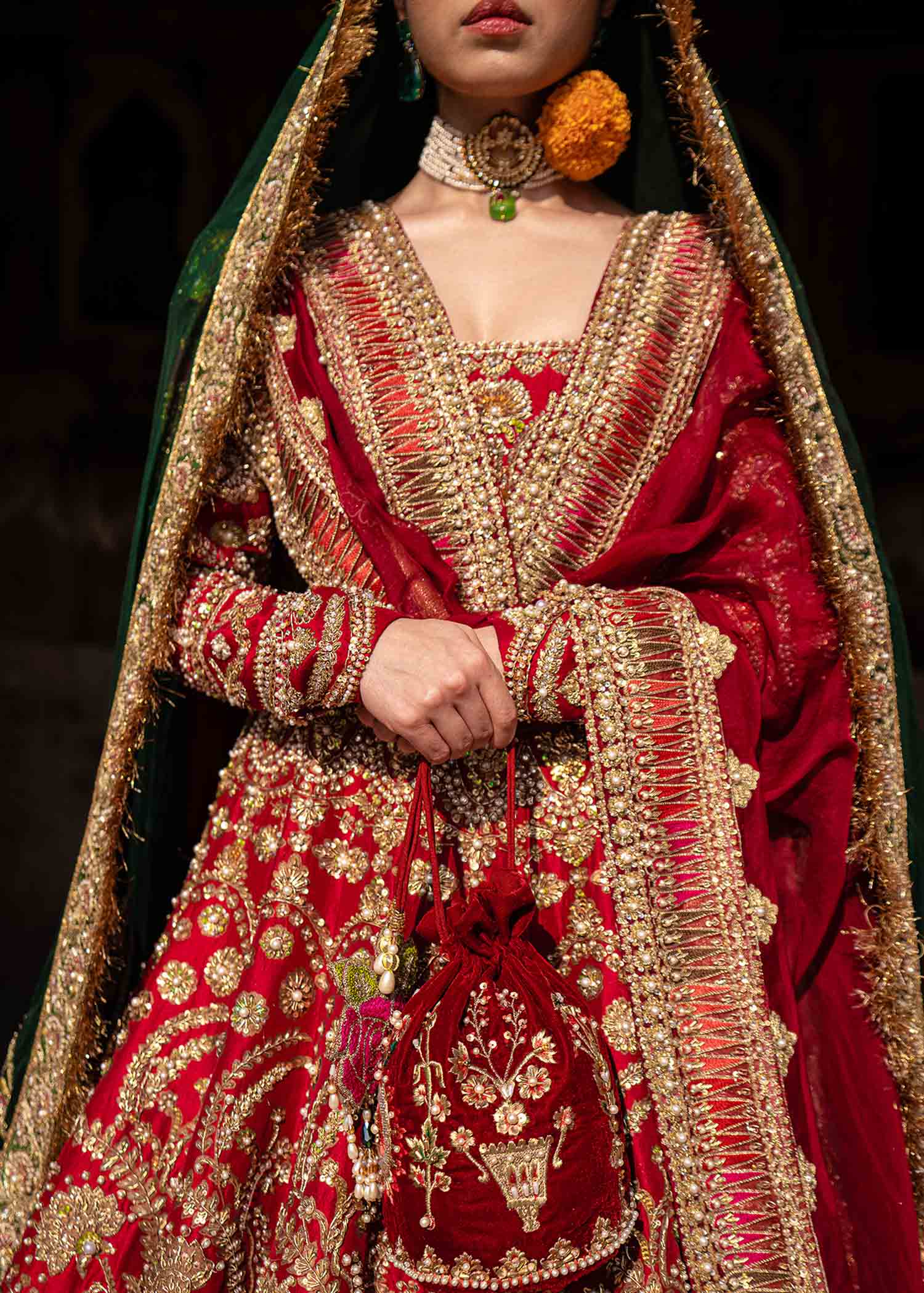 Crimson Red Embroidered Raw Silk Bridal Lehenga (3-Piece) - Image 7