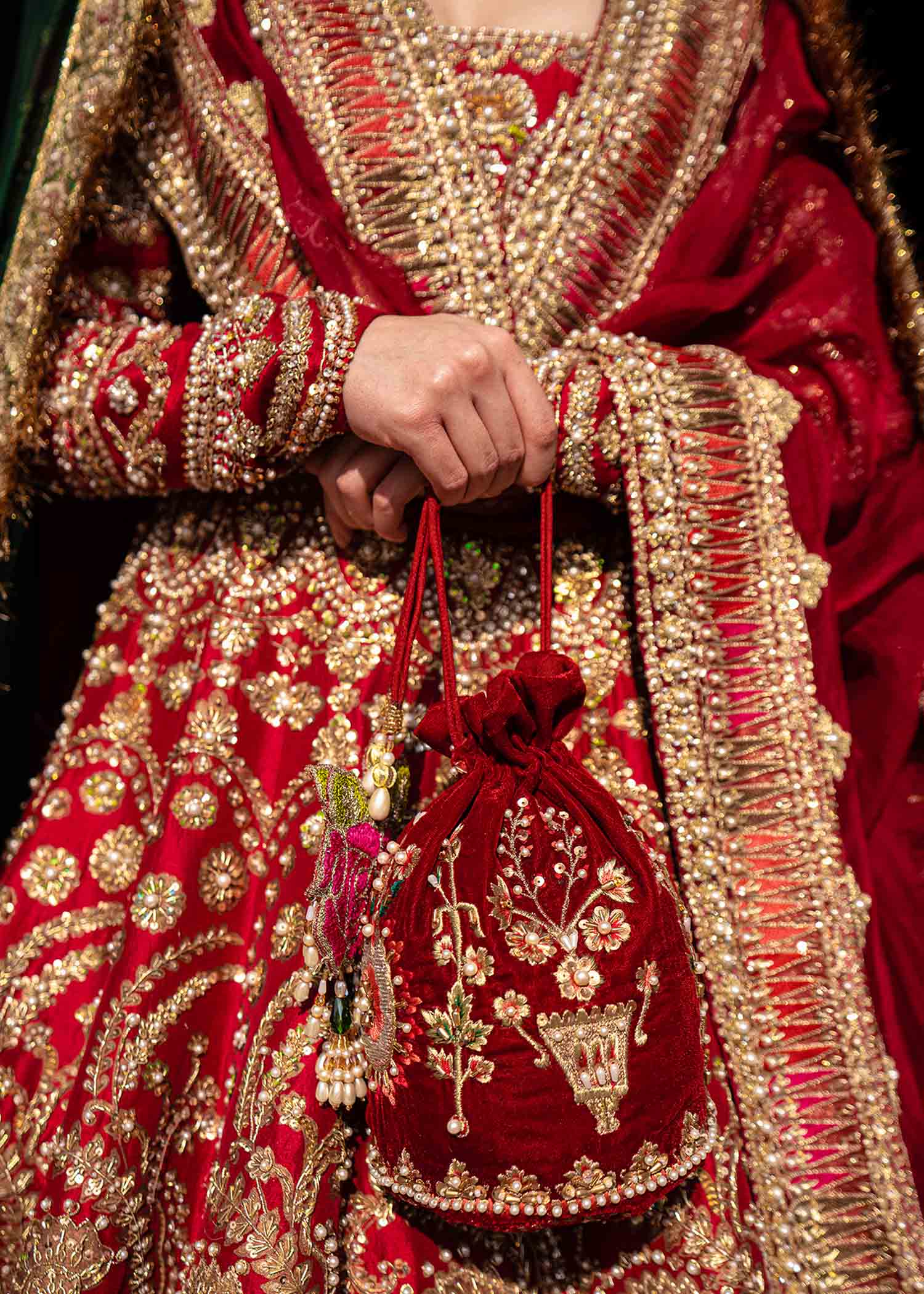 Crimson Red Embroidered Raw Silk Bridal Lehenga (3-Piece) - Image 8