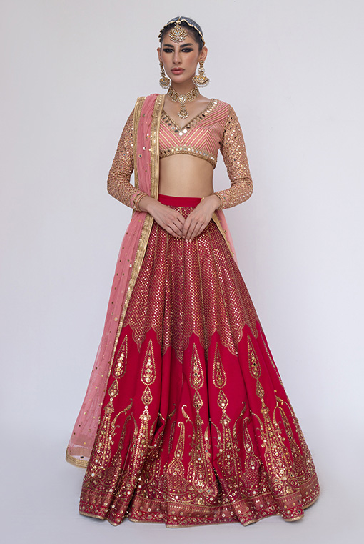 Rose Pink and Deep Red Embroidered Raw Silk Lehenga (3-Piece) - Image 1